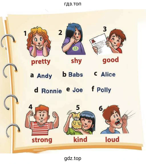 pretty shy good b Babs a Andy d Ronnie e Joe C Alice f Polly strong kind loud