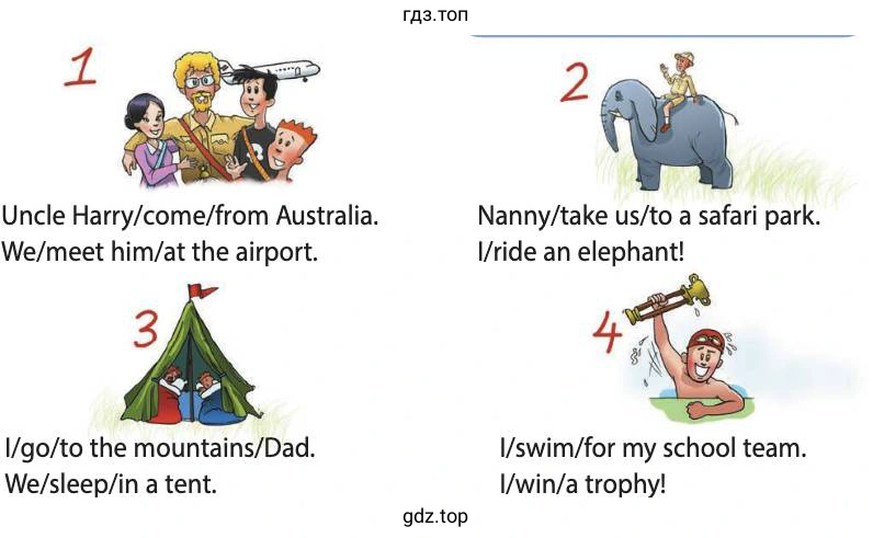 Uncle Harry/come/from Australia. We/meet him/at the airport.