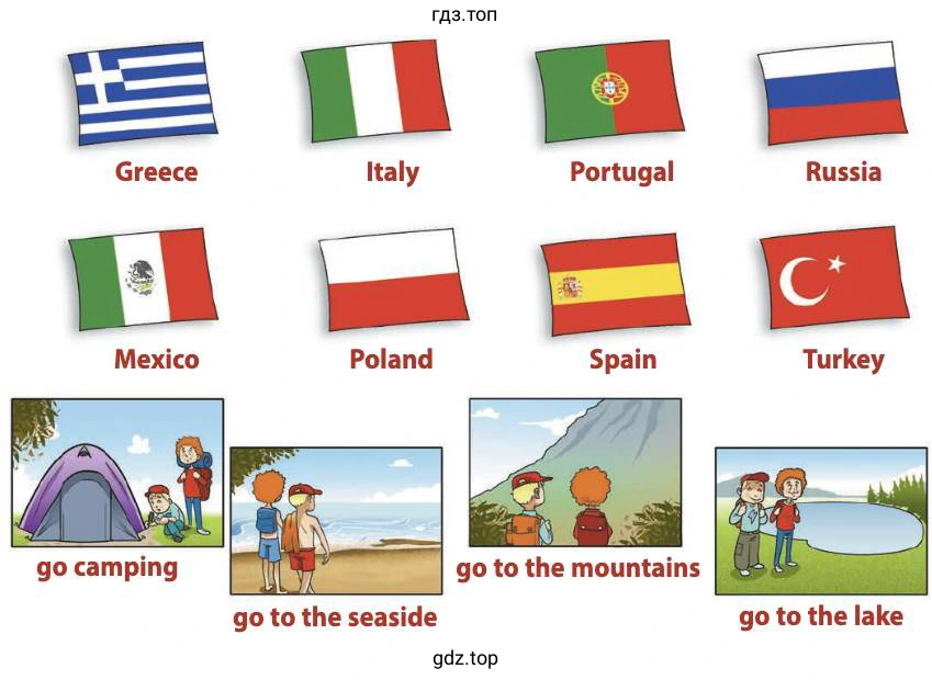 Greece Italy Portugal Russia Mexico Poland Spain Turkey go camping go to the mountains go to the seaside go to the lake