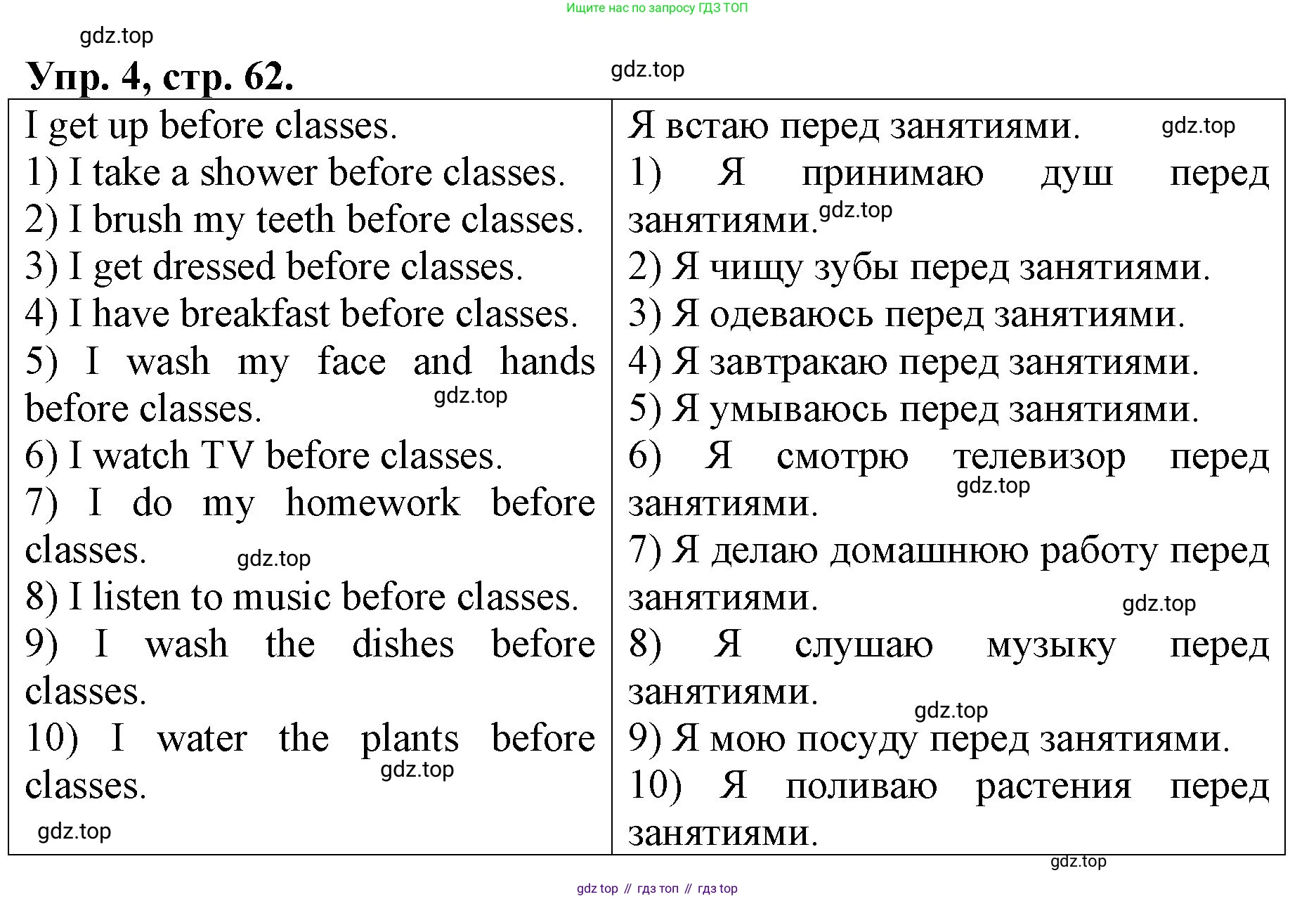 ГДЗ Английский язык (english), 4 класс рабочая тетрадь, авторы: Афанасьева Ольга Васильевна (Afanasyeva Olga), Михеева Ирина Владимировна (Mikheeva Irina), издательство Дрофа, Москва, 2013 - 2023, сиреневого цвета, страница 62, номер 4, Решение