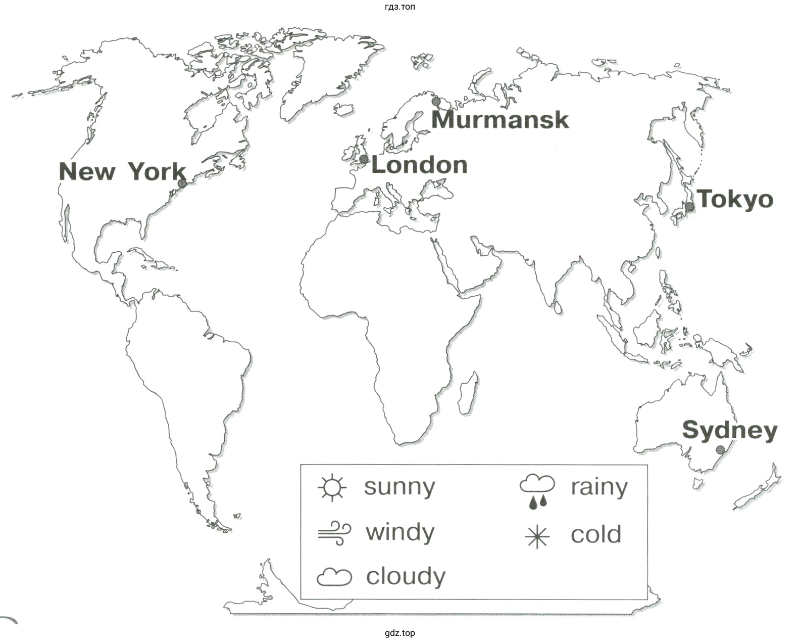 Draw the weather symbols and write what weather it will be tomorrow in these cities