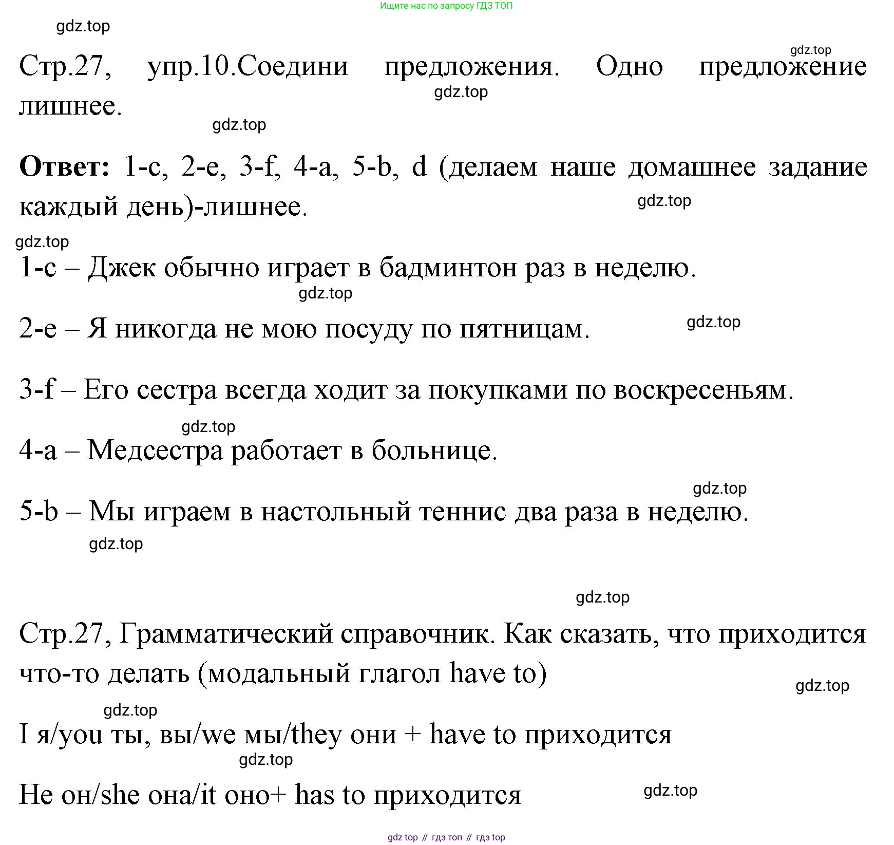 ГДЗ Английский язык (english), 4 класс Грамматический тренажёр, автор: Юшина Дарья Генадьевна, издательство Просвещение, Москва, 2019, красного цвета, страница 27, номер 10, Решение