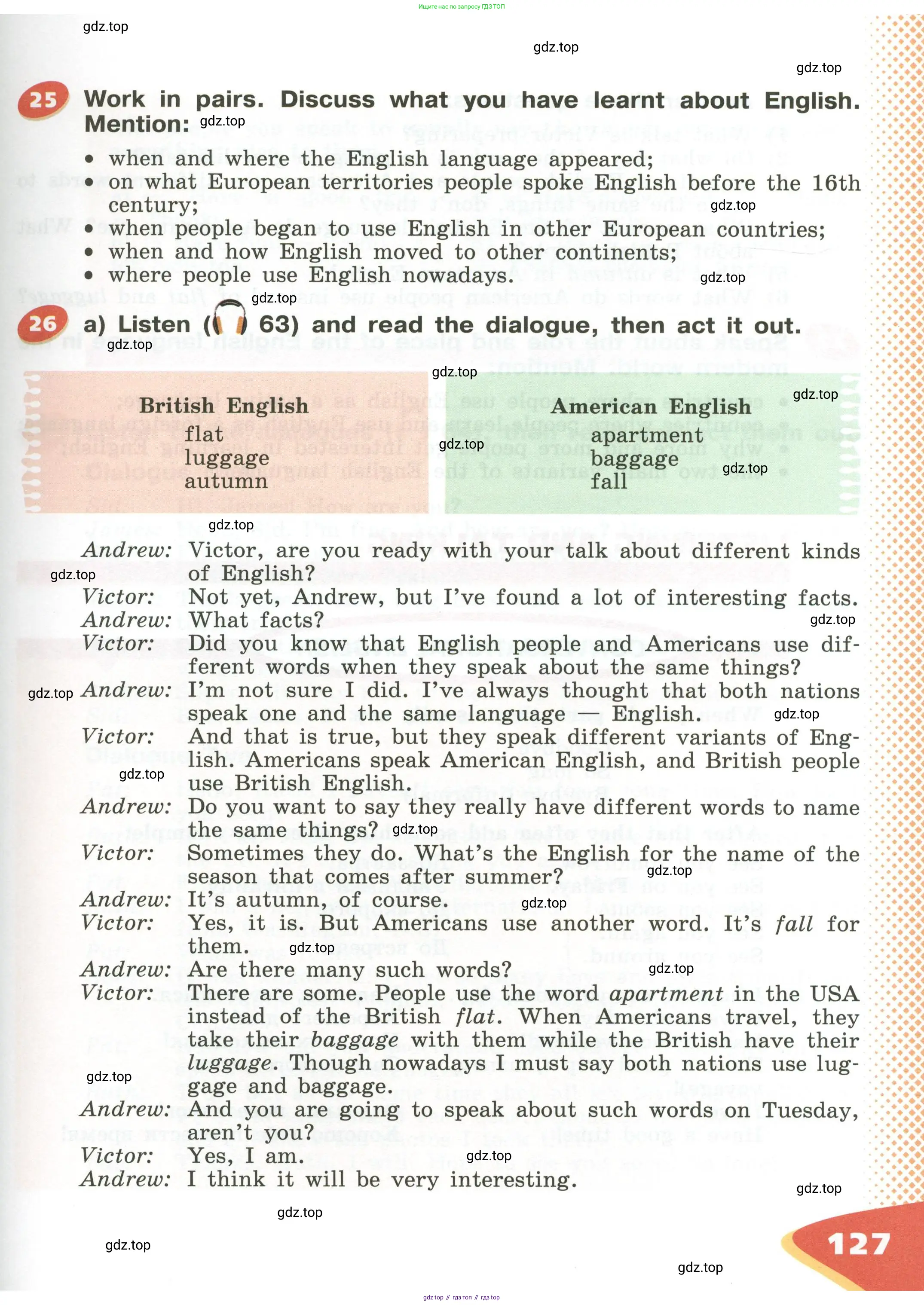 Английский язык (english), 5 класс Учебник (Student's book), авторы: Афанасьева Ольга Васильевна (Afanasyeva Olga), Михеева Ирина Владимировна (Mikheeva Irina), Баранова Ксения Михайловна (Baranova Ksenia), издательство Просвещение, Москва, 2023, зелёного цвета, Часть ( Part) 1, страница 127