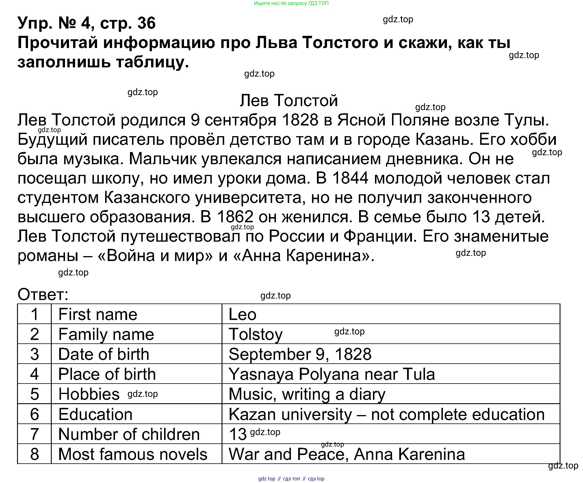Английский язык (english), 5 класс Учебник (Student's book), авторы: Афанасьева Ольга Васильевна (Afanasyeva Olga), Михеева Ирина Владимировна (Mikheeva Irina), Баранова Ксения Михайловна (Baranova Ksenia), издательство Просвещение, Москва, 2023, зелёного цвета, Часть ( Part) 1, страница 36, номер 4, Решение