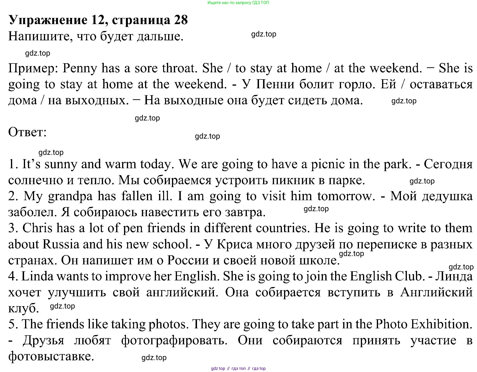 Английский язык (english), 5 класс рабочая тетрадь с контрольными работами (workbook + tests), авторы: Биболетова Мерем Забатовна, Денисенко Ольга Анатольевна, Трубанева Наталия Николаевна, издательство Просвещение, Москва, 2023, страница 28, номер 12, Решение