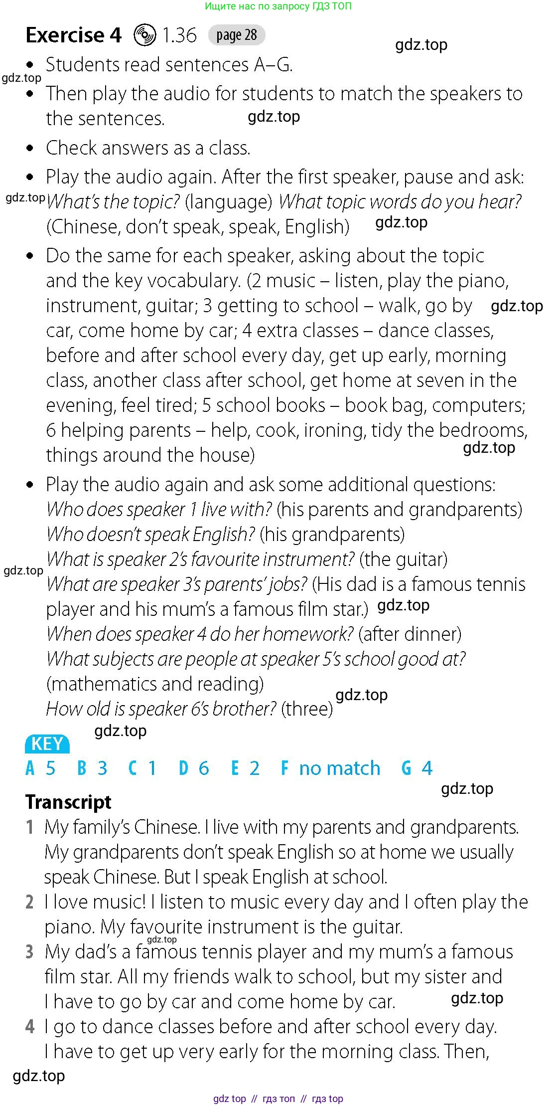 Английский язык (english), 5-7 класс Учебник (Student's book), авторы: Фалла Тим (Falla Tim), Дэвис Пауль (A Davies Paul), издательство Oxford University Press, Any, 2018, белого цвета, страница 28, номер 4, Решение (Teachers Guide)