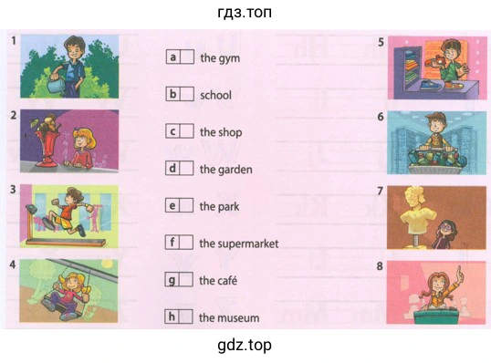 the gym school the shop the garden the park the supermarket the cafe the museum