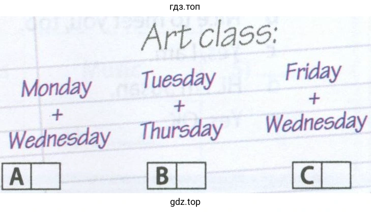 Art class: Monday + Wednesday Tuesday + Thursday Friday + Wednesday