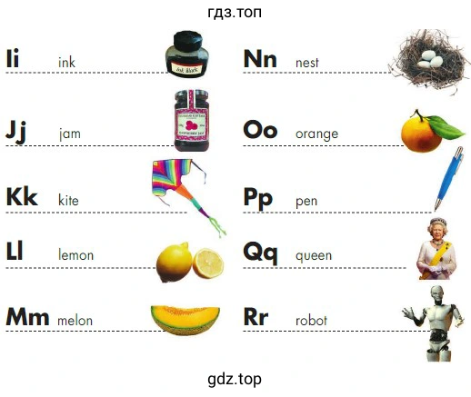 Jj Kk Ll ink iam kite lemon Mm melon Nn 00 Pp nest orange pen queen robot