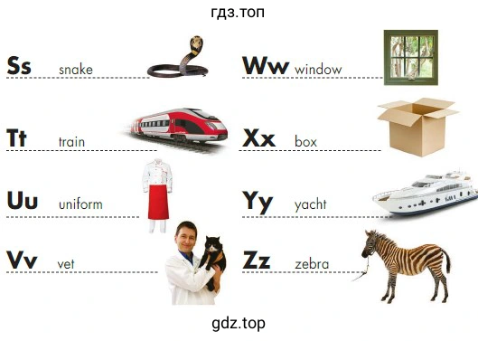 Ss snake Tt train Uu uniform Vv vet Ww window Xx box Yy yacht Zz zebra