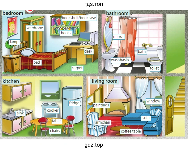 bedroom lamp kitchen wardrobe bed bookshelf/bookcase books carpet bathroom mirror washbasin fridge cooker table chairs living room paintings armchair bath toilet window sofa coffee table