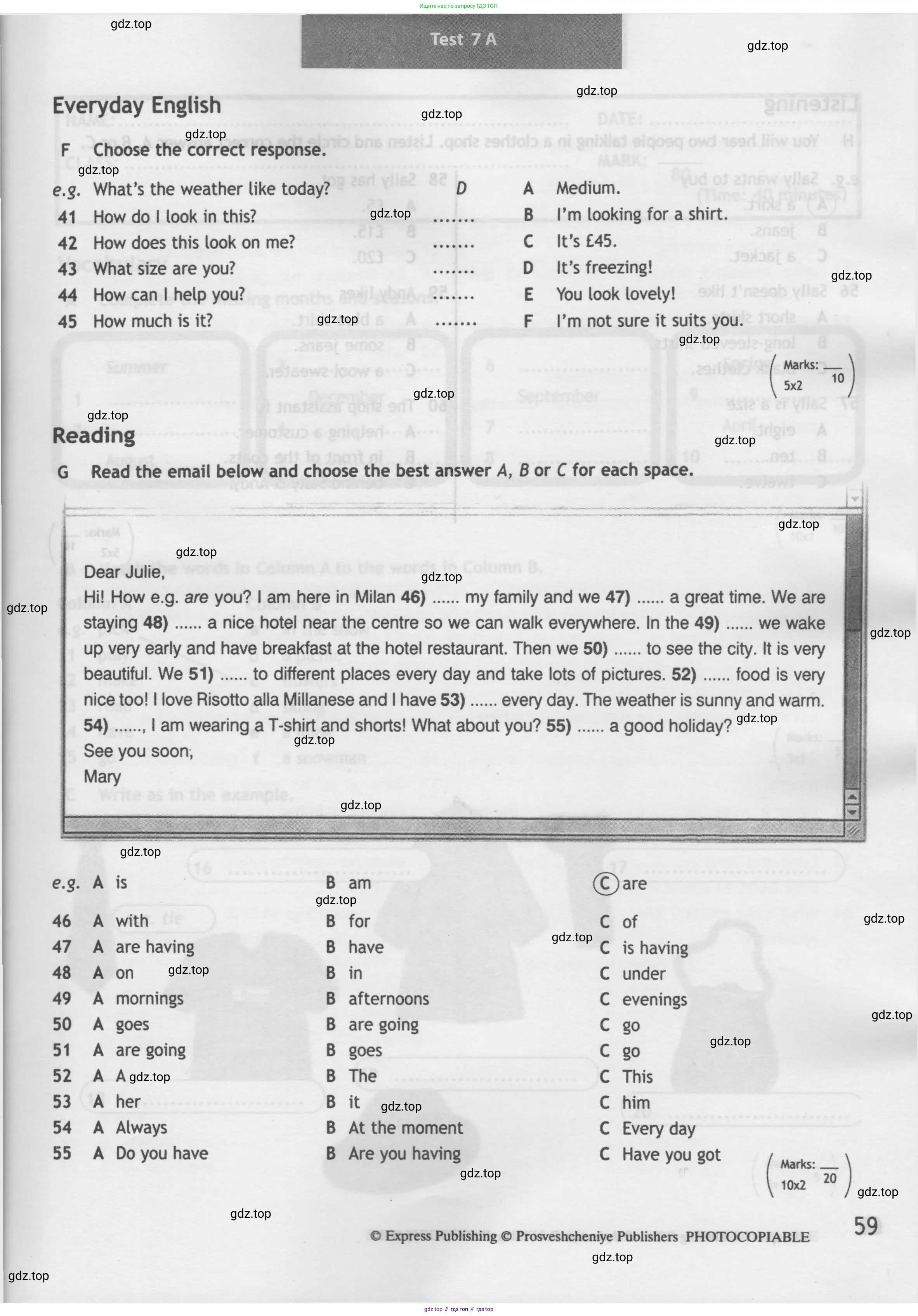 Английский язык (english), 5 класс контрольные задания (test booklet), авторы: Ваулина Юлия Евгеньевна (Vaulina Julia), Дули Дженни (Dooley Jenny), Подоляко Ольга Евгеньевна (Podolyako Olga), Эванс Вирджиния (Evans Virginia), издательство Просвещение, Москва, 2023, белого цвета, страница 59