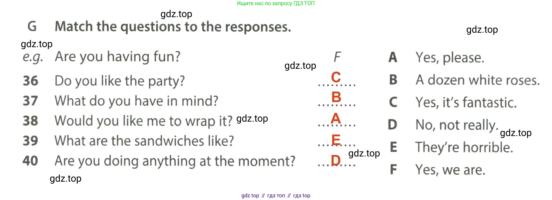 ГДЗ Английский язык (english), 6 класс контрольные задания (test booklet), авторы: Ваулина Юлия Евгеньевна (Vaulina Julia), Дули Дженни (Dooley Jenny), Подоляко Ольга Евгеньевна (Podolyako Olga), Эванс Вирджиния (Evans Virginia), издательство Просвещение, Москва, 2023, зелёного цвета, страница 40, номер G, Решение 2 (2023-2027)