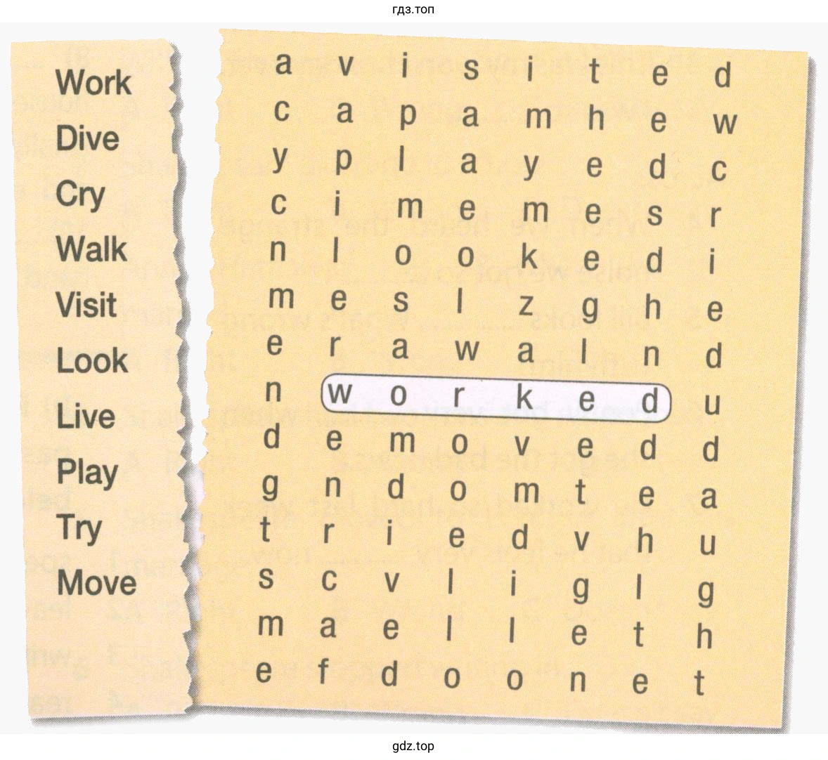 Рисунок. Work Dive Cry Walk Visit Look Live Play Try Move worked