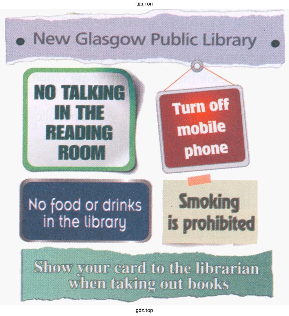 NO TALKING IN THE READING ROOM Turn off mobile phone No food or drinks in the library Smoking prohibited Show vour card to the librarian when taking out books