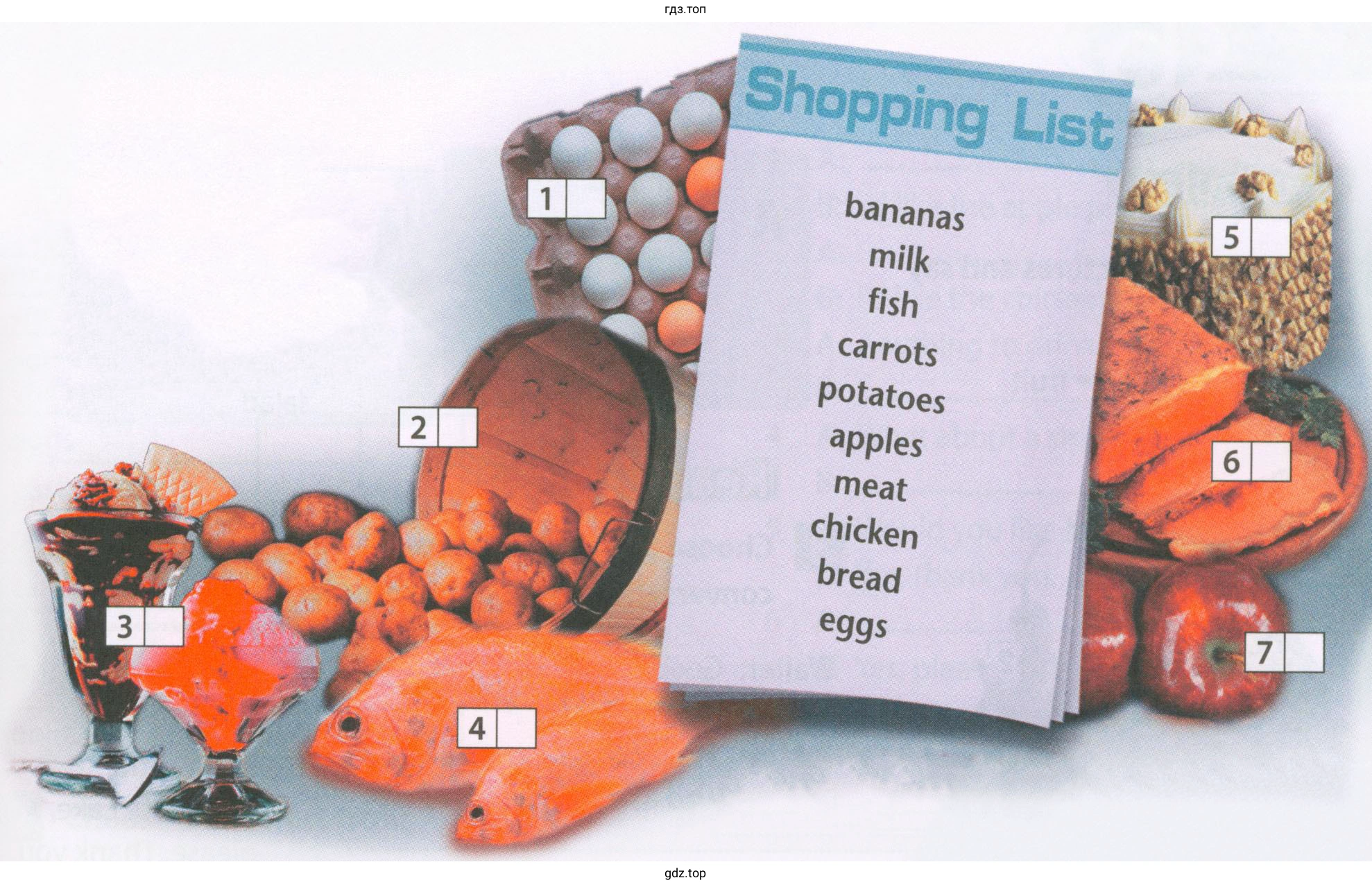 shopping list bananas milk fish carrots potatoes apples meat chicken bread eggs