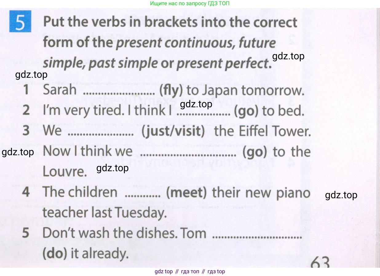 Английский язык (english), 6 класс Рабочая тетрадь (workbook), авторы: Ваулина Юлия Евгеньевна (Vaulina Julia), Дули Дженни (Dooley Jenny), Подоляко Ольга Евгеньевна (Podolyako Olga), Эванс Вирджиния (Evans Virginia), издательство Просвещение, Москва, 2023, зелёного цвета, страница 63, номер 5, Условие 2023-2027