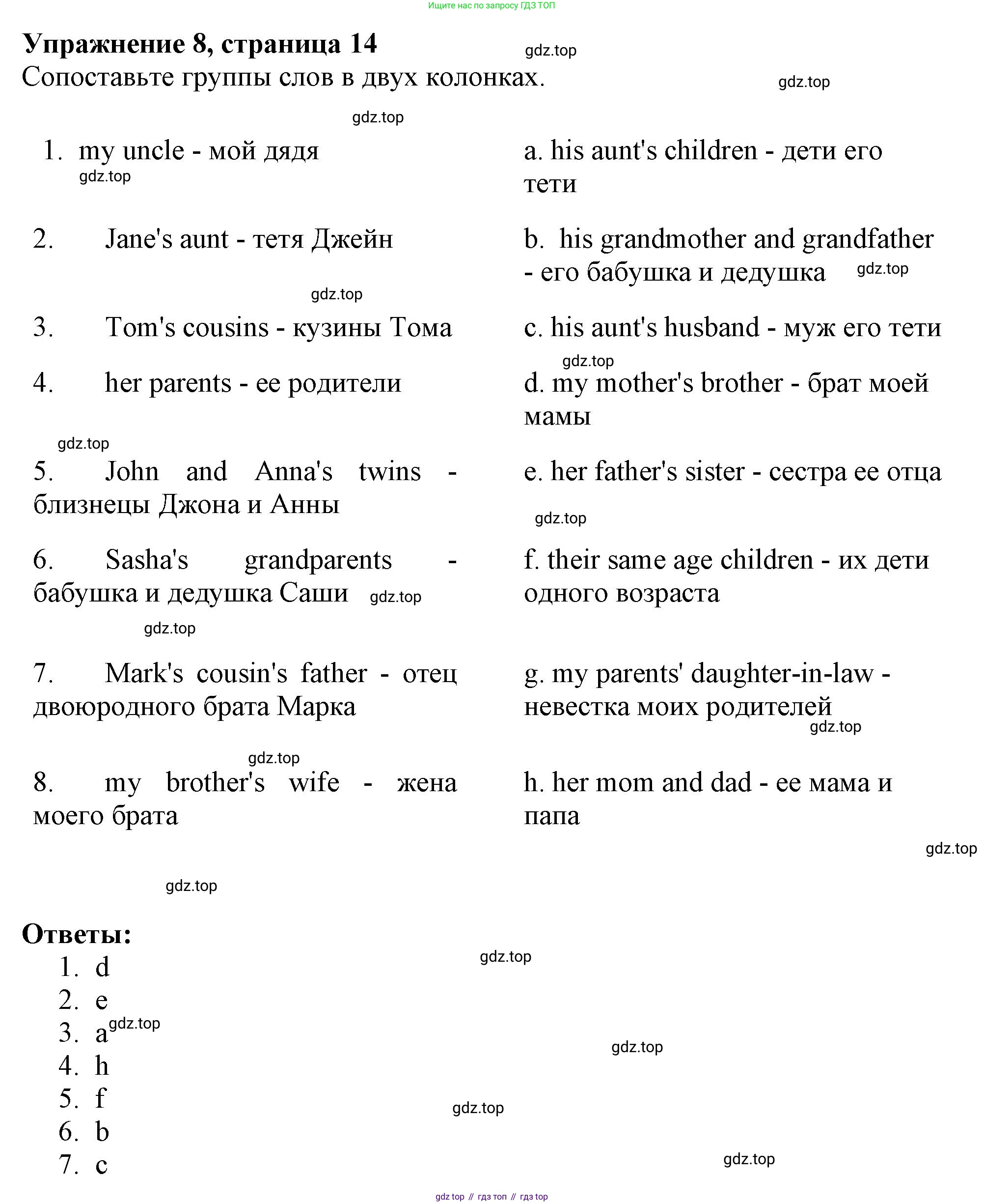 Английский язык (english), 6 класс Тренировочные упражнения в формате ОГЭ (ГИА), авторы: Ваулина Юлия Евгеньевна (Vaulina Julia), Подоляко Ольга Евгеньевна (Podolyako Olga), издательство Просвещение, Москва, 2023, зелёного цвета, страница 14, номер 8, Решение 1