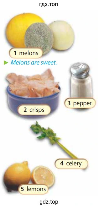 1 melons Melons are sweet. 2 crisps 3 pepper 4 celery 5 lemons