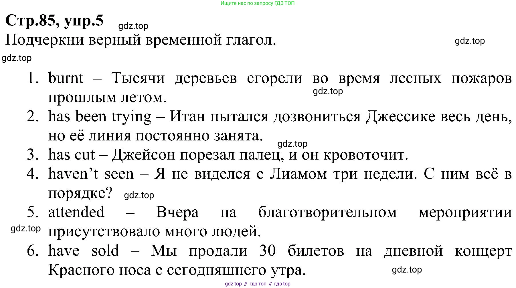 ГДЗ Английский язык (english), 6 класс Рабочая тетрадь (workbook), авторы: Баранова Ксения Михайловна (Baranova Ksenia), Мильруд Радислав Петрович (Millrood Radislav), Копылова Виктория Викторовна (Kopylova Victoria), Дули Дженни (Dooley Jenny), Эванс Вирджиния (Evans Virginia), издательство Просвещение, Москва, 2023, белого цвета, страница 85, номер 5, Решение
