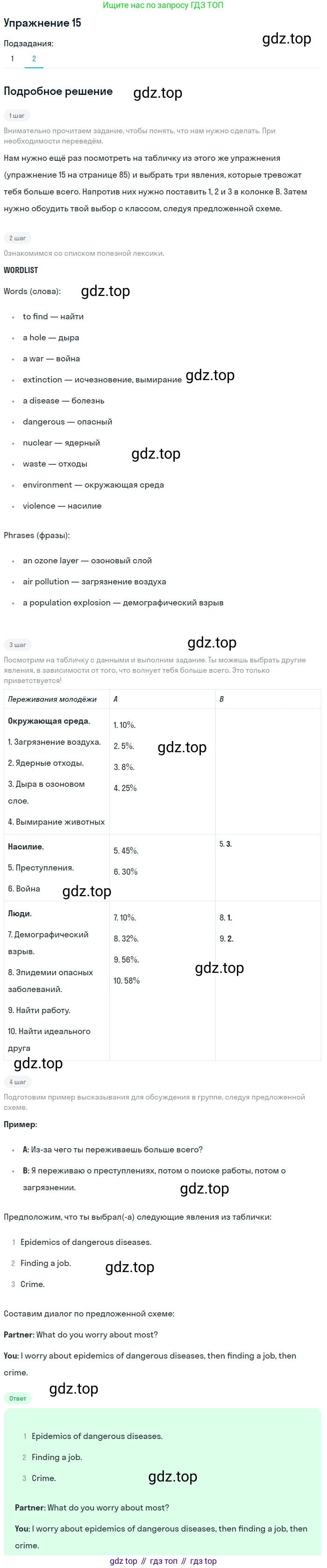 Английский язык (english), 7 класс Рабочая тетрадь (workbook), авторы: Вербицкая Мария Валерьевна (Verbitskaya Maria), Гаярделли Мариса (Gaiardelli Marisa ), Редли Пауль (Radley Paul), Миндрул Ольга Сергеевна (Mindrul Olga), издательство Просвещение, Москва, 2021, белого цвета, страница 85, номер 15, Решение (продолжение 2)
