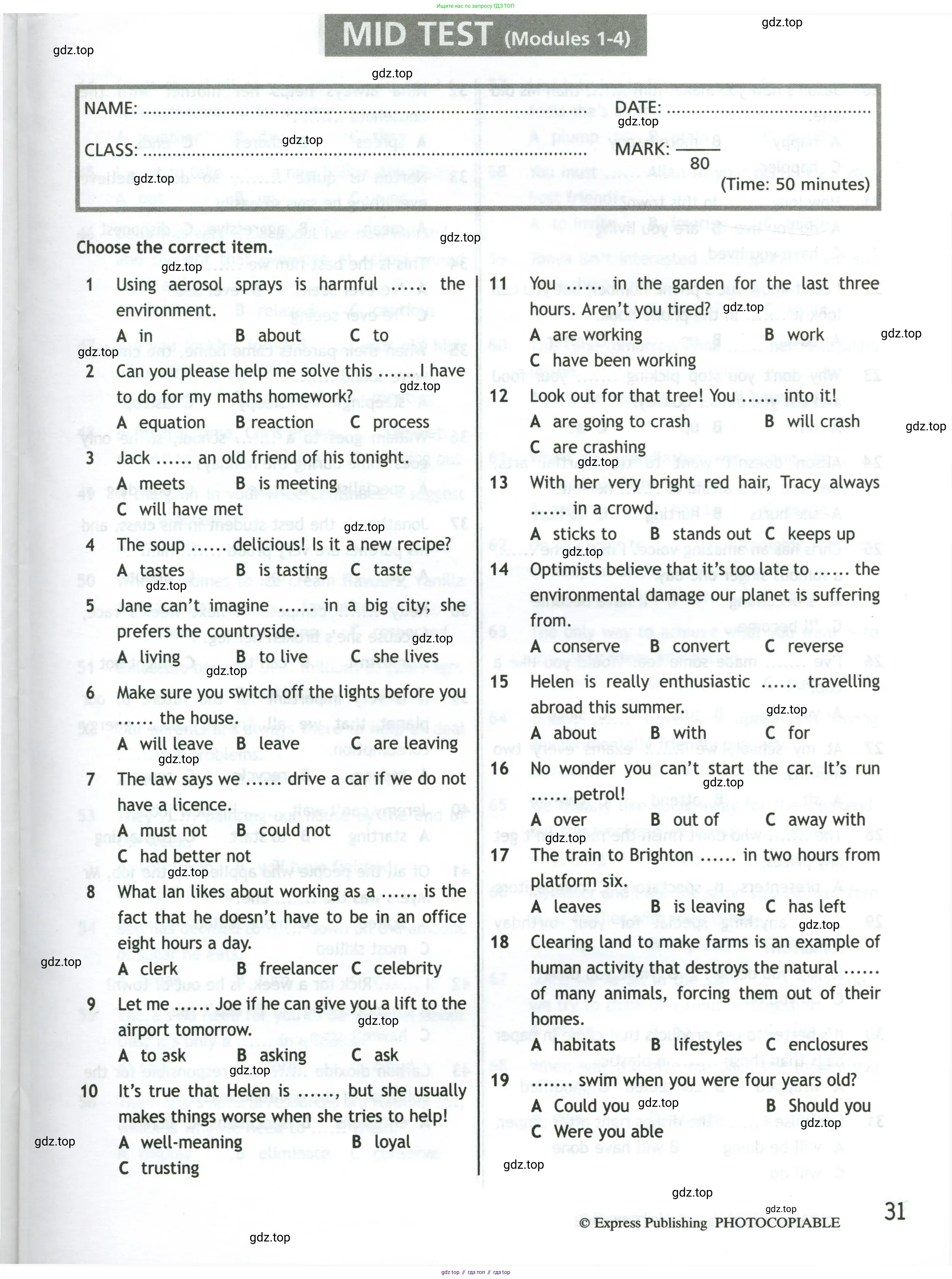 Английский язык (english), 10 класс контрольные задания (test booklet), авторы: Афанасьева Ольга Васильевна (Afanasyeva Olga), Дули Дженни (Dooley Jenny), Михеева Ирина Владимировна (Mikheeva Irina), Эванс Вирджиния (Evans Virginia), издательство Просвещение, Москва, 2019, красного цвета, страница 31