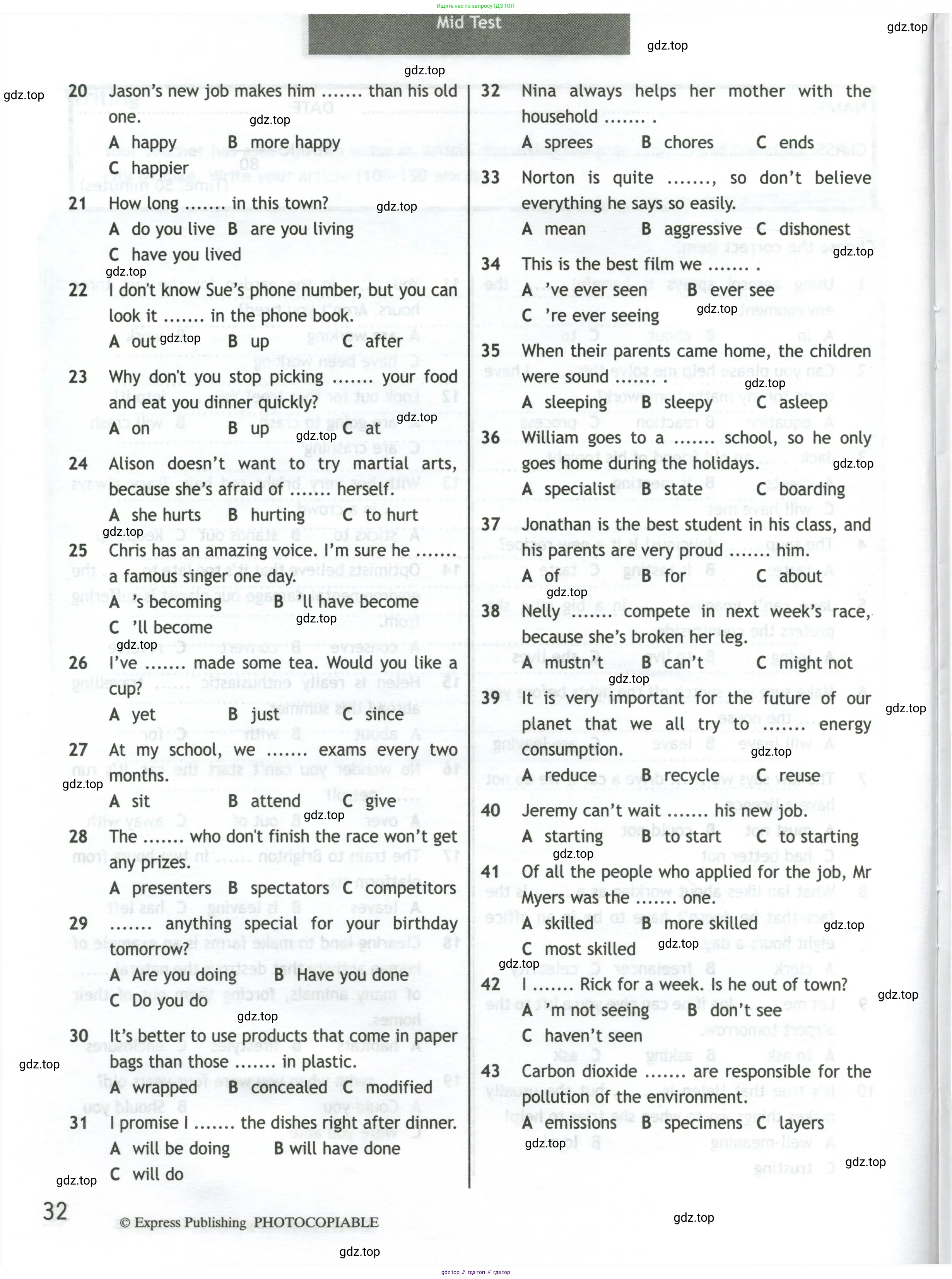 Английский язык (english), 10 класс контрольные задания (test booklet), авторы: Афанасьева Ольга Васильевна (Afanasyeva Olga), Дули Дженни (Dooley Jenny), Михеева Ирина Владимировна (Mikheeva Irina), Эванс Вирджиния (Evans Virginia), издательство Просвещение, Москва, 2019, красного цвета, страница 32