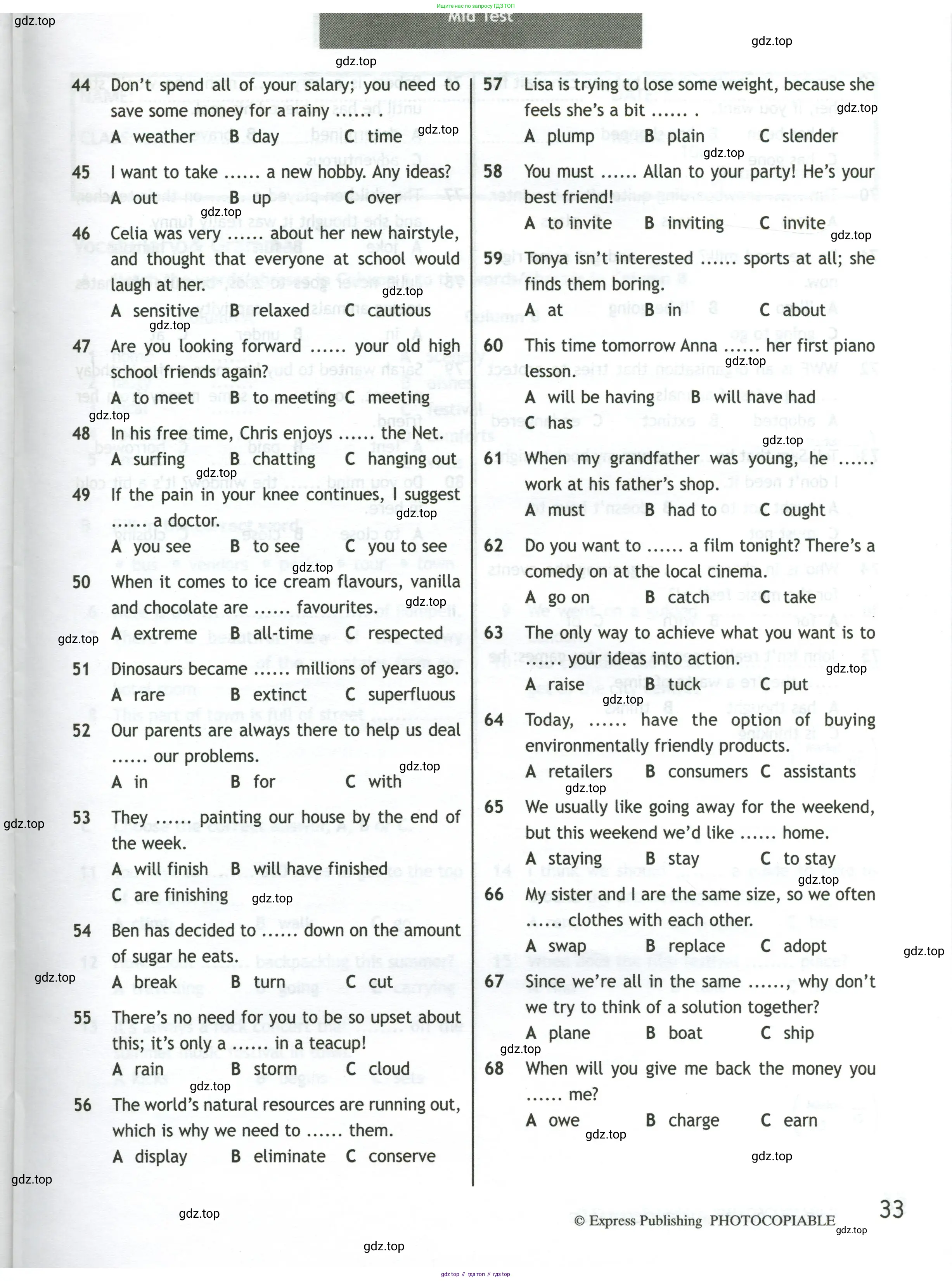 Английский язык (english), 10 класс контрольные задания (test booklet), авторы: Афанасьева Ольга Васильевна (Afanasyeva Olga), Дули Дженни (Dooley Jenny), Михеева Ирина Владимировна (Mikheeva Irina), Эванс Вирджиния (Evans Virginia), издательство Просвещение, Москва, 2019, красного цвета, страница 33
