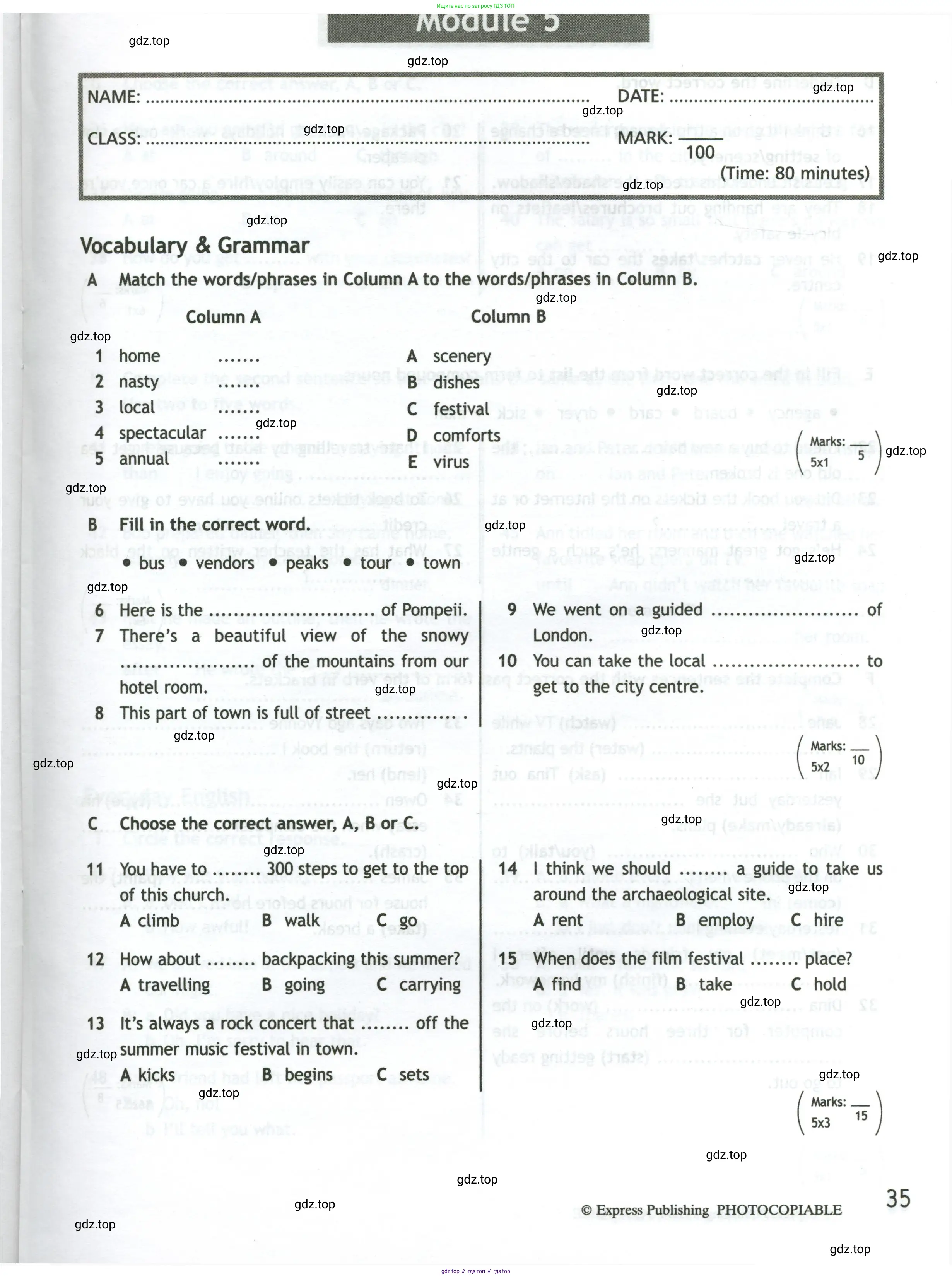 Английский язык (english), 10 класс контрольные задания (test booklet), авторы: Афанасьева Ольга Васильевна (Afanasyeva Olga), Дули Дженни (Dooley Jenny), Михеева Ирина Владимировна (Mikheeva Irina), Эванс Вирджиния (Evans Virginia), издательство Просвещение, Москва, 2019, красного цвета, страница 35