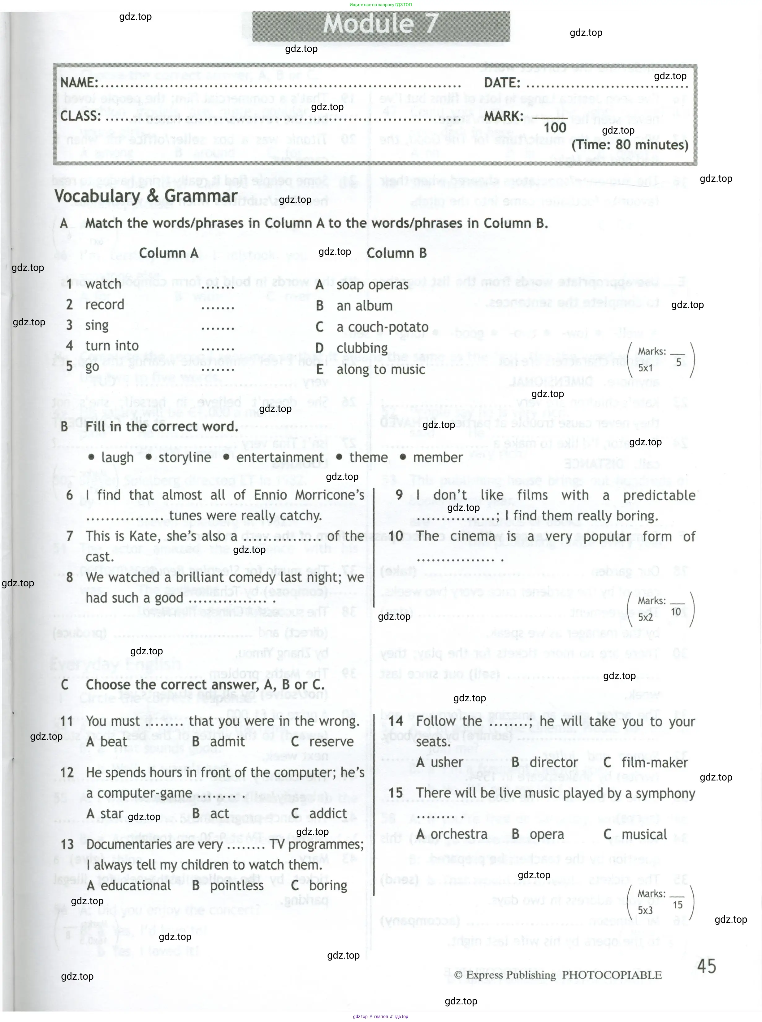 Английский язык (english), 10 класс контрольные задания (test booklet), авторы: Афанасьева Ольга Васильевна (Afanasyeva Olga), Дули Дженни (Dooley Jenny), Михеева Ирина Владимировна (Mikheeva Irina), Эванс Вирджиния (Evans Virginia), издательство Просвещение, Москва, 2019, красного цвета, страница 45