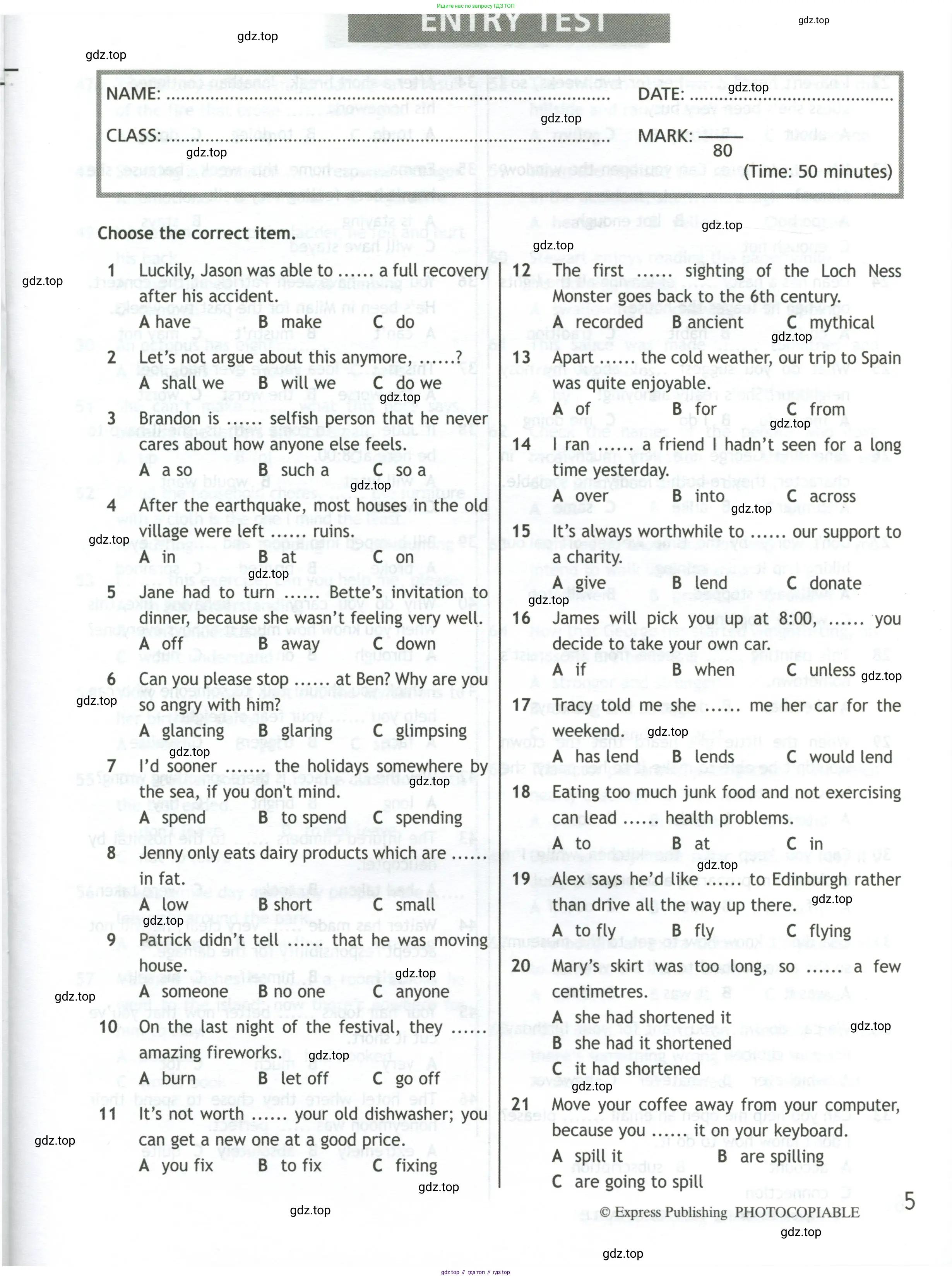Английский язык (english), 10 класс контрольные задания (test booklet), авторы: Афанасьева Ольга Васильевна (Afanasyeva Olga), Дули Дженни (Dooley Jenny), Михеева Ирина Владимировна (Mikheeva Irina), Эванс Вирджиния (Evans Virginia), издательство Просвещение, Москва, 2019, красного цвета, страница 5