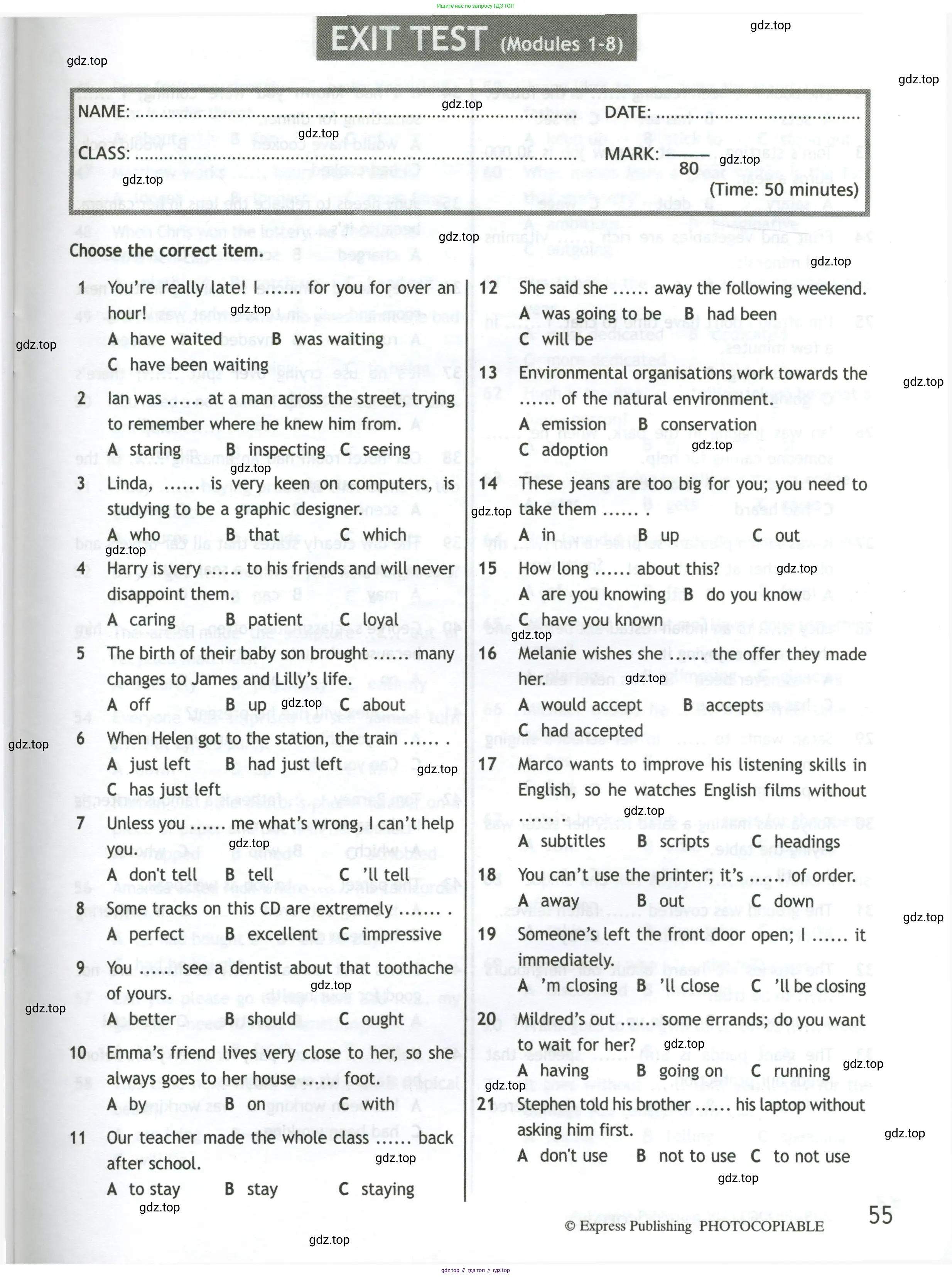 Английский язык (english), 10 класс контрольные задания (test booklet), авторы: Афанасьева Ольга Васильевна (Afanasyeva Olga), Дули Дженни (Dooley Jenny), Михеева Ирина Владимировна (Mikheeva Irina), Эванс Вирджиния (Evans Virginia), издательство Просвещение, Москва, 2019, красного цвета, страница 55