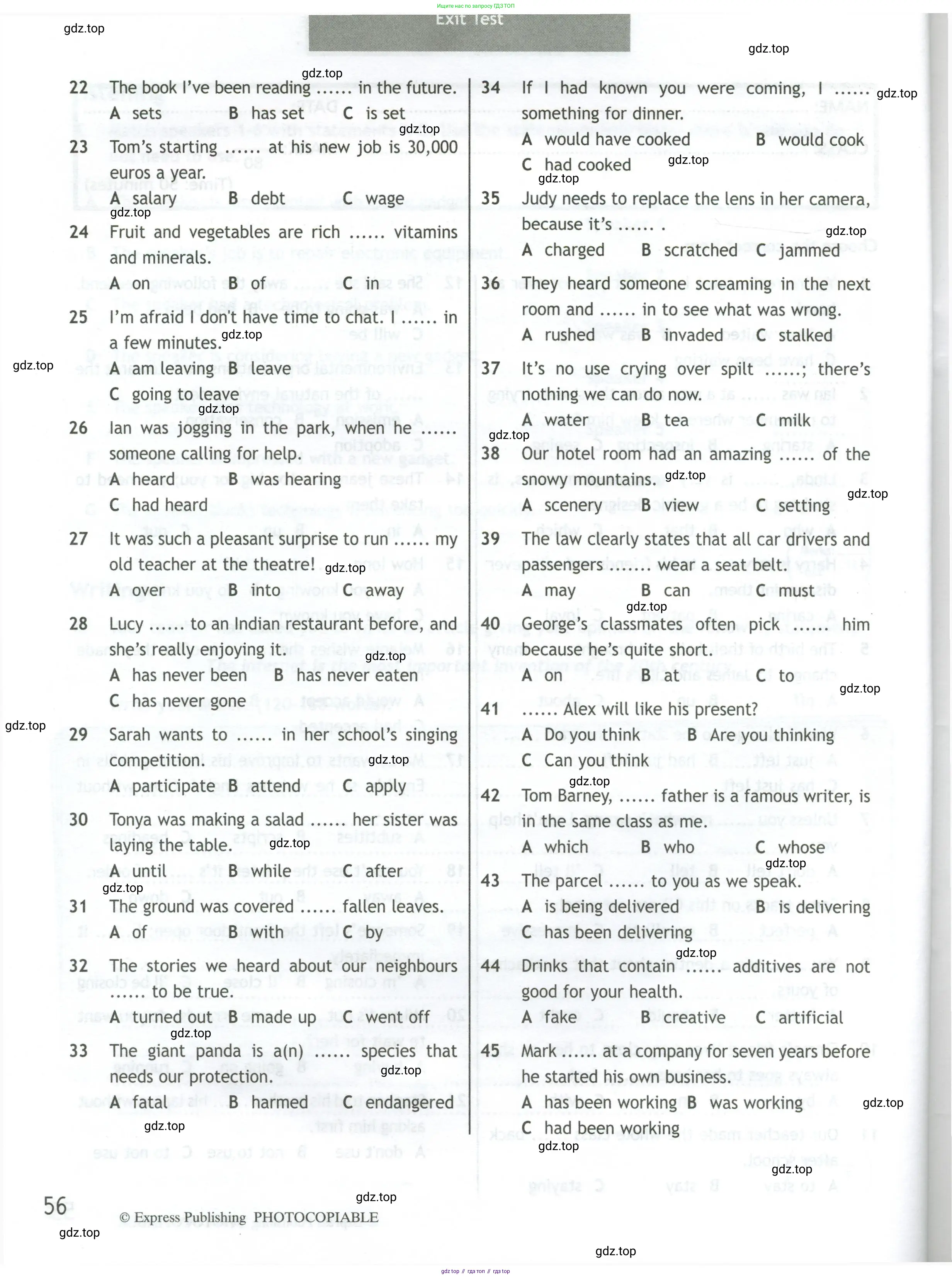 Английский язык (english), 10 класс контрольные задания (test booklet), авторы: Афанасьева Ольга Васильевна (Afanasyeva Olga), Дули Дженни (Dooley Jenny), Михеева Ирина Владимировна (Mikheeva Irina), Эванс Вирджиния (Evans Virginia), издательство Просвещение, Москва, 2019, красного цвета, страница 56