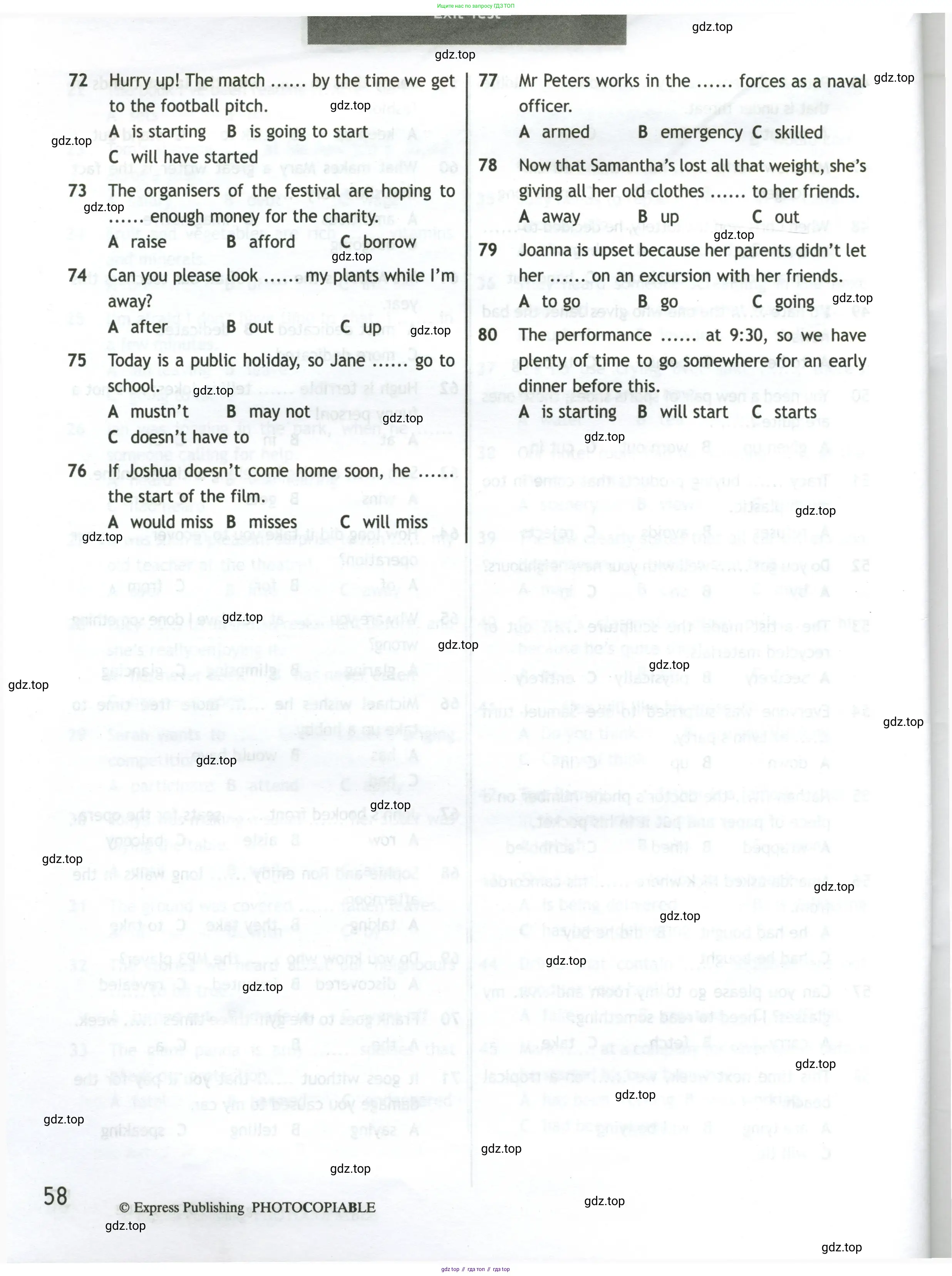 Английский язык (english), 10 класс контрольные задания (test booklet), авторы: Афанасьева Ольга Васильевна (Afanasyeva Olga), Дули Дженни (Dooley Jenny), Михеева Ирина Владимировна (Mikheeva Irina), Эванс Вирджиния (Evans Virginia), издательство Просвещение, Москва, 2019, красного цвета, страница 58