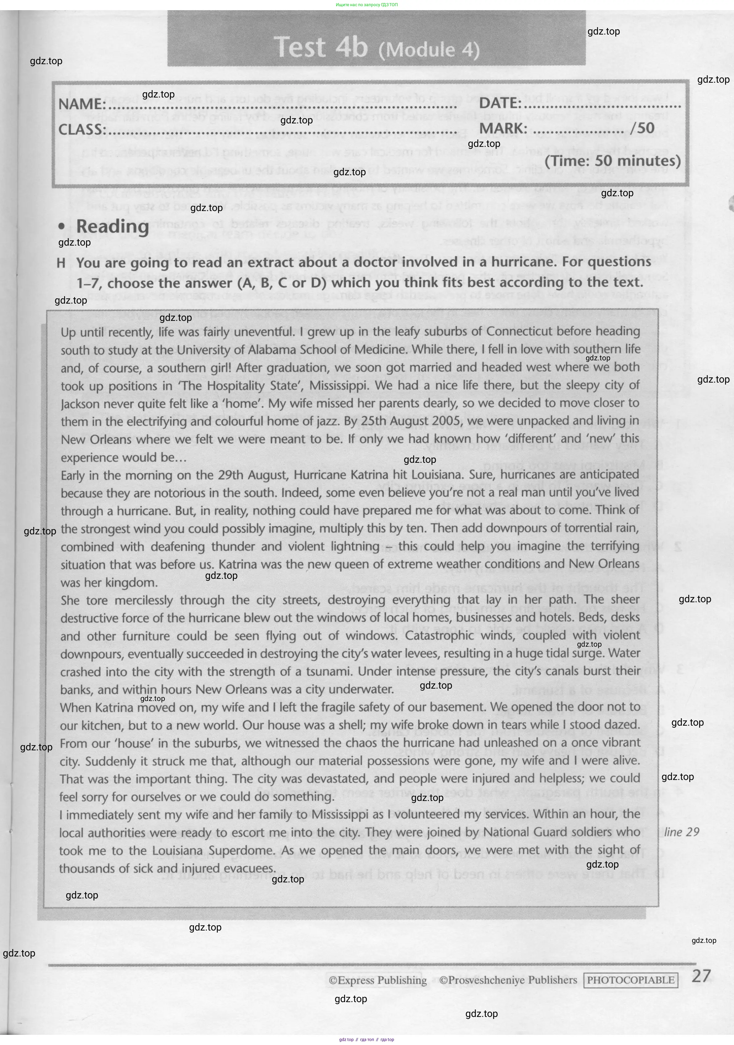 Английский язык (english), 10 класс контрольные задания (test booklet), авторы: Баранова Ксения Михайловна (Baranova Ksenia), Дули Дженни (Dooley Jenny), Копылова Виктория Викторовна (Kopylova Victoria), Мильруд Радислав Петрович (Millrood Radislav), Эванс Вирджиния (Evans Virginia), издательство Просвещение, Москва, 2019, серого цвета, страница 27