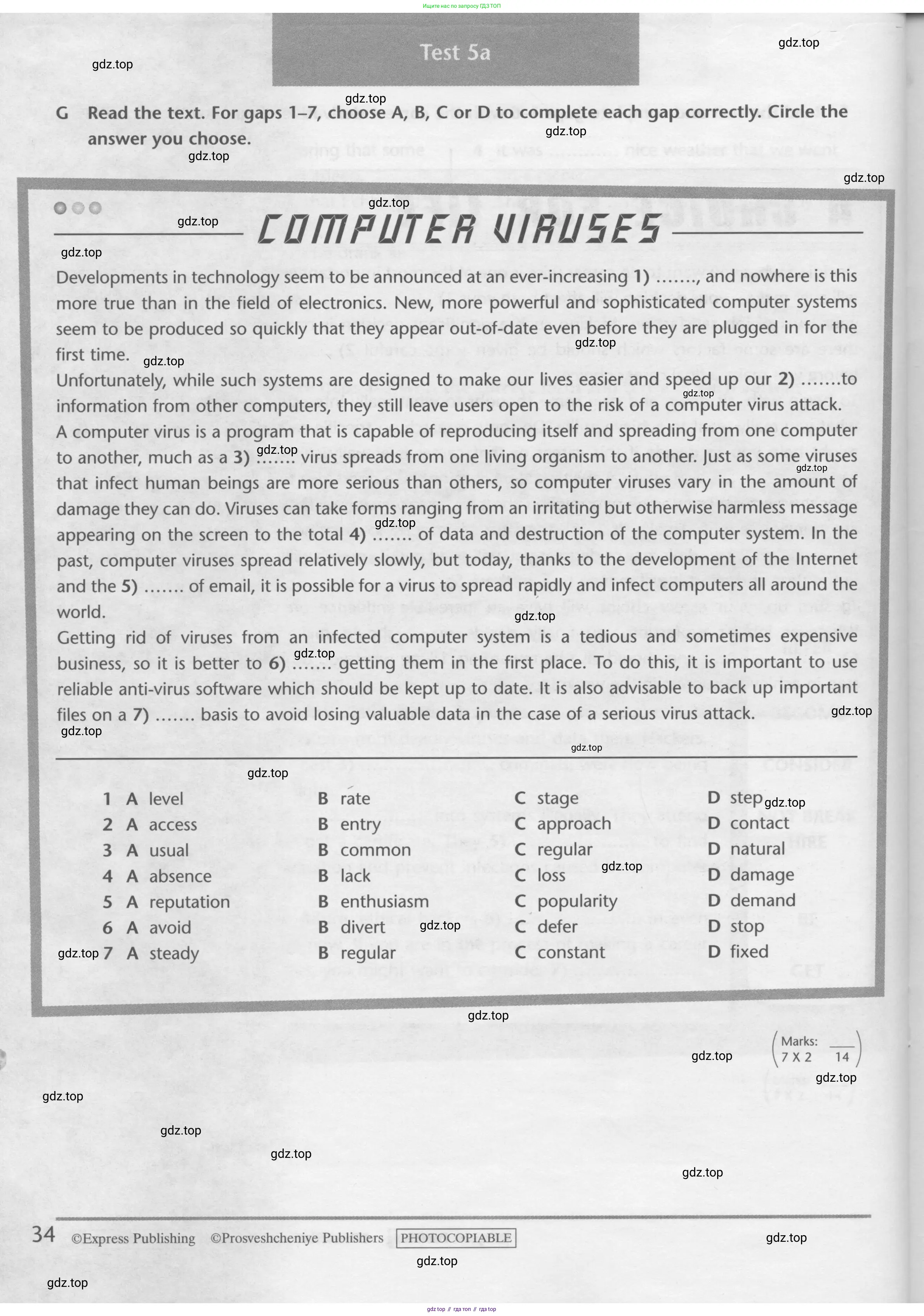 Английский язык (english), 10 класс контрольные задания (test booklet), авторы: Баранова Ксения Михайловна (Baranova Ksenia), Дули Дженни (Dooley Jenny), Копылова Виктория Викторовна (Kopylova Victoria), Мильруд Радислав Петрович (Millrood Radislav), Эванс Вирджиния (Evans Virginia), издательство Просвещение, Москва, 2019, серого цвета, страница 34