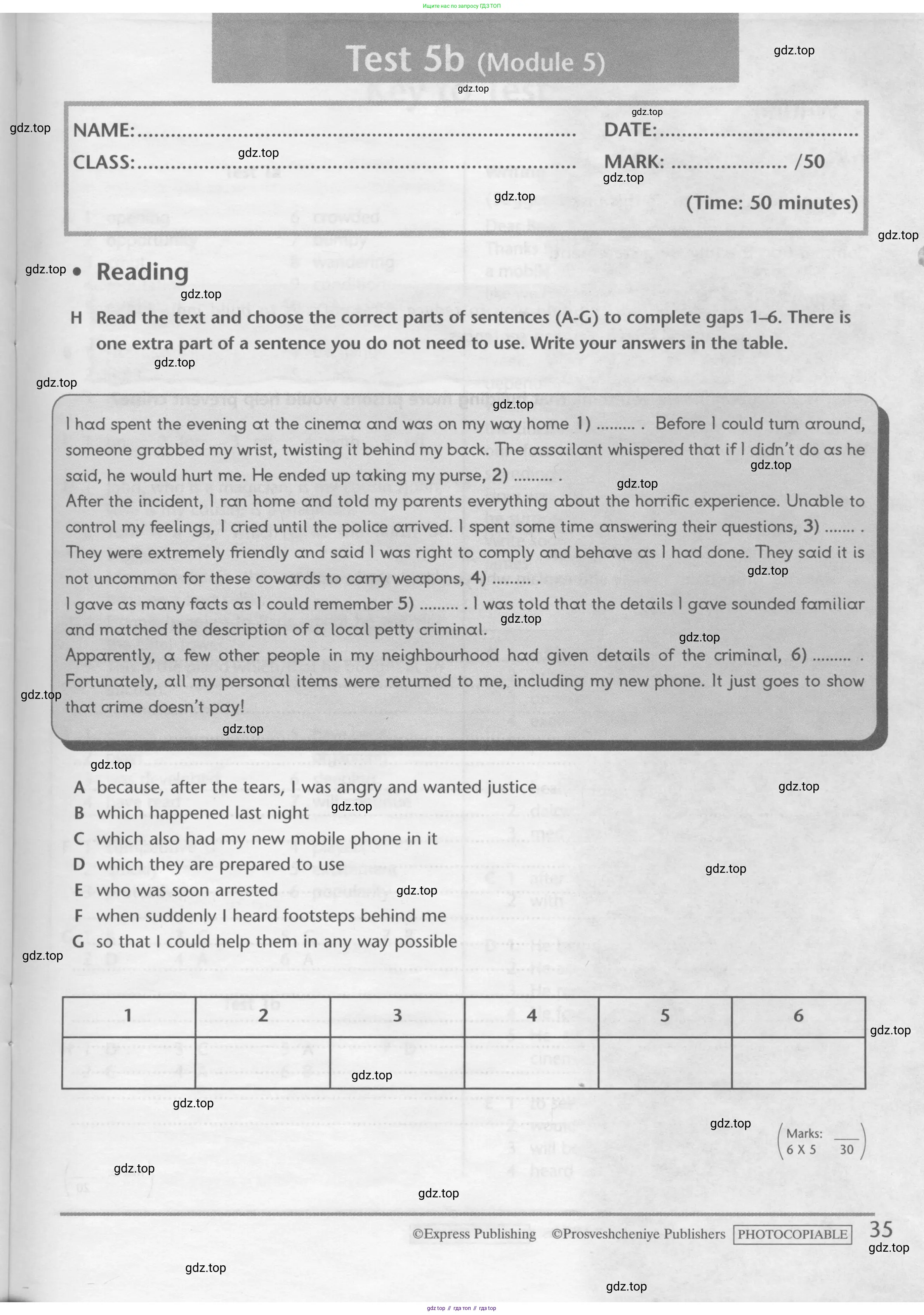 Английский язык (english), 10 класс контрольные задания (test booklet), авторы: Баранова Ксения Михайловна (Baranova Ksenia), Дули Дженни (Dooley Jenny), Копылова Виктория Викторовна (Kopylova Victoria), Мильруд Радислав Петрович (Millrood Radislav), Эванс Вирджиния (Evans Virginia), издательство Просвещение, Москва, 2019, серого цвета, страница 35
