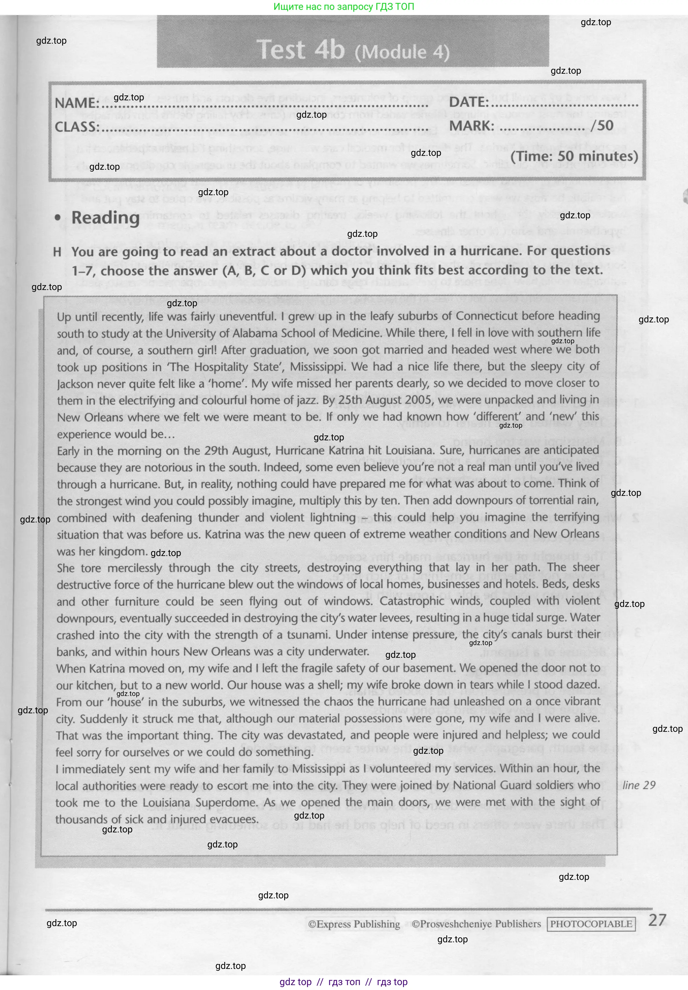 Английский язык (english), 10 класс контрольные задания (test booklet), авторы: Баранова Ксения Михайловна (Baranova Ksenia), Дули Дженни (Dooley Jenny), Копылова Виктория Викторовна (Kopylova Victoria), Мильруд Радислав Петрович (Millrood Radislav), Эванс Вирджиния (Evans Virginia), издательство Просвещение, Москва, 2019, серого цвета, страница 27