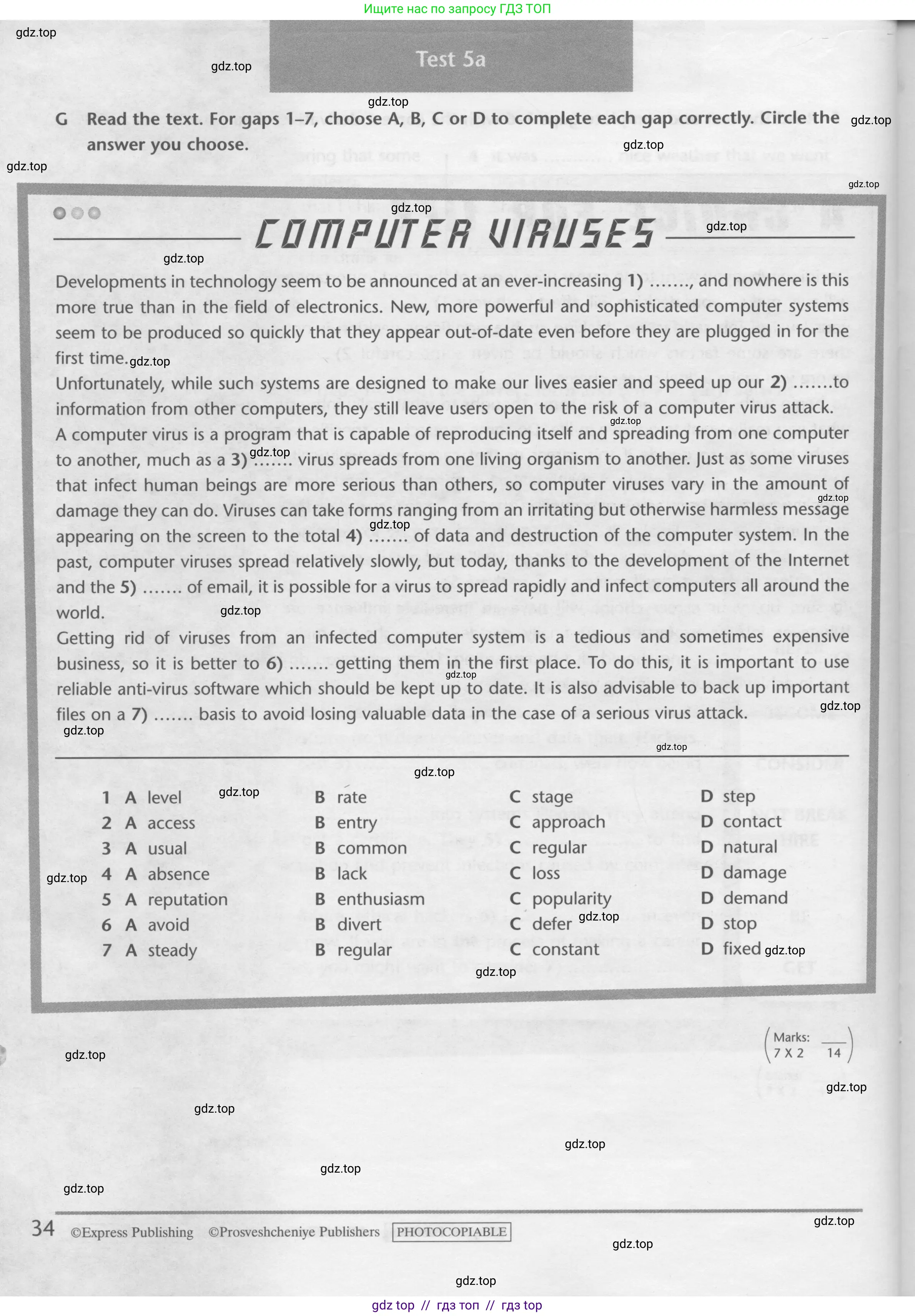 Английский язык (english), 10 класс контрольные задания (test booklet), авторы: Баранова Ксения Михайловна (Baranova Ksenia), Дули Дженни (Dooley Jenny), Копылова Виктория Викторовна (Kopylova Victoria), Мильруд Радислав Петрович (Millrood Radislav), Эванс Вирджиния (Evans Virginia), издательство Просвещение, Москва, 2019, серого цвета, страница 34