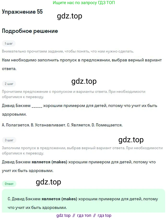ГДЗ Английский язык (english), 10 класс Рабочая тетрадь (workbook), авторы: Баранова Ксения Михайловна (Baranova Ksenia), Дули Дженни (Dooley Jenny), Копылова Виктория Викторовна (Kopylova Victoria), Мильруд Радислав Петрович (Millrood Radislav), Эванс Вирджиния (Evans Virginia), издательство Просвещение, Москва, 2019, белого цвета, страница 85, номер 55, Решение 3