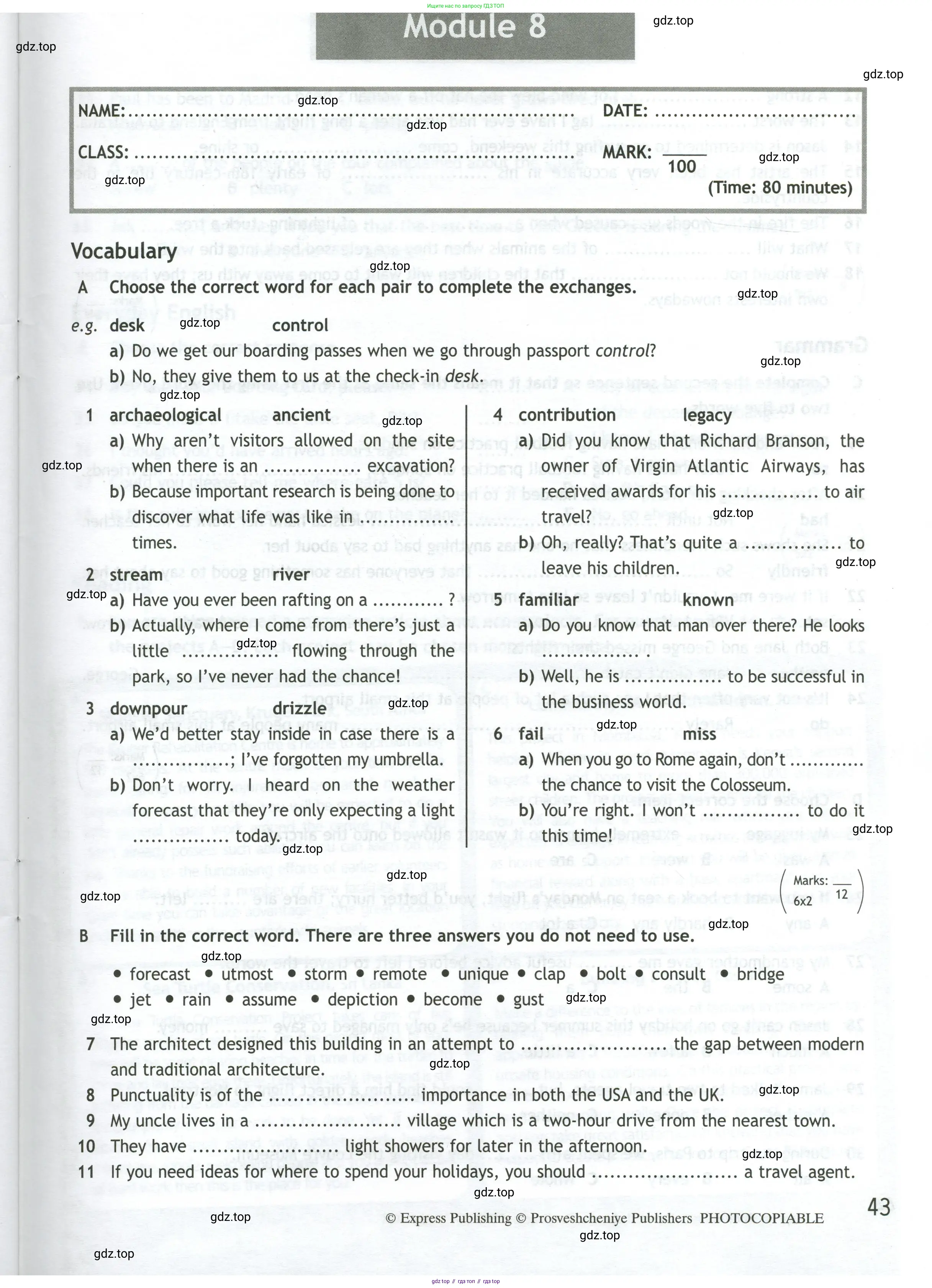 Английский язык (english), 11 класс контрольные задания (test booklet), авторы: Афанасьева Ольга Васильевна (Afanasyeva Olga), Дули Дженни (Dooley Jenny), Михеева Ирина Владимировна (Mikheeva Irina), Эванс Вирджиния (Evans Virginia), издательство Просвещение, Москва, 2019, сиреневого цвета, страница 43
