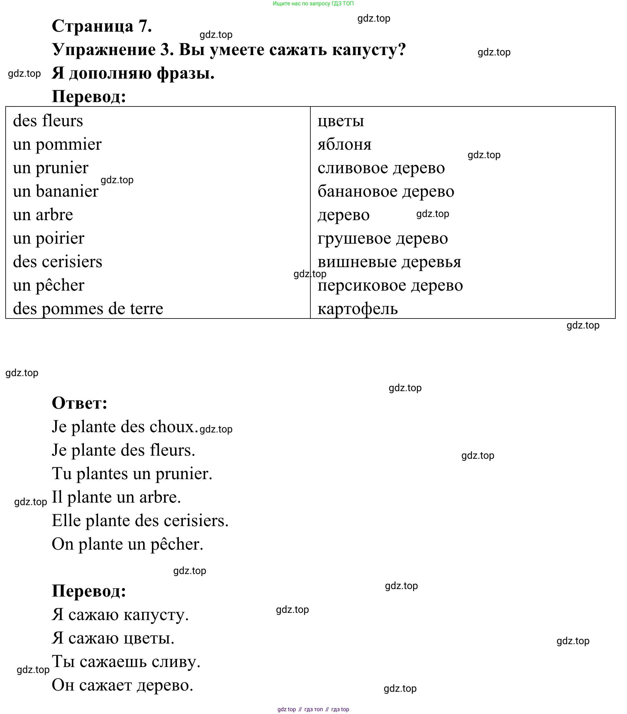 ГДЗ Французский язык, 3 класс рабочая тетрадь (cahier d'activités), авторы: Кулигина Антонина Степановна (Kouliguina A), Корчагина Тамара Васильевна (Kortchaguina T), издательство Просвещение, Москва, 2023, зелёного цвета, страница 7, номер 3, Решение