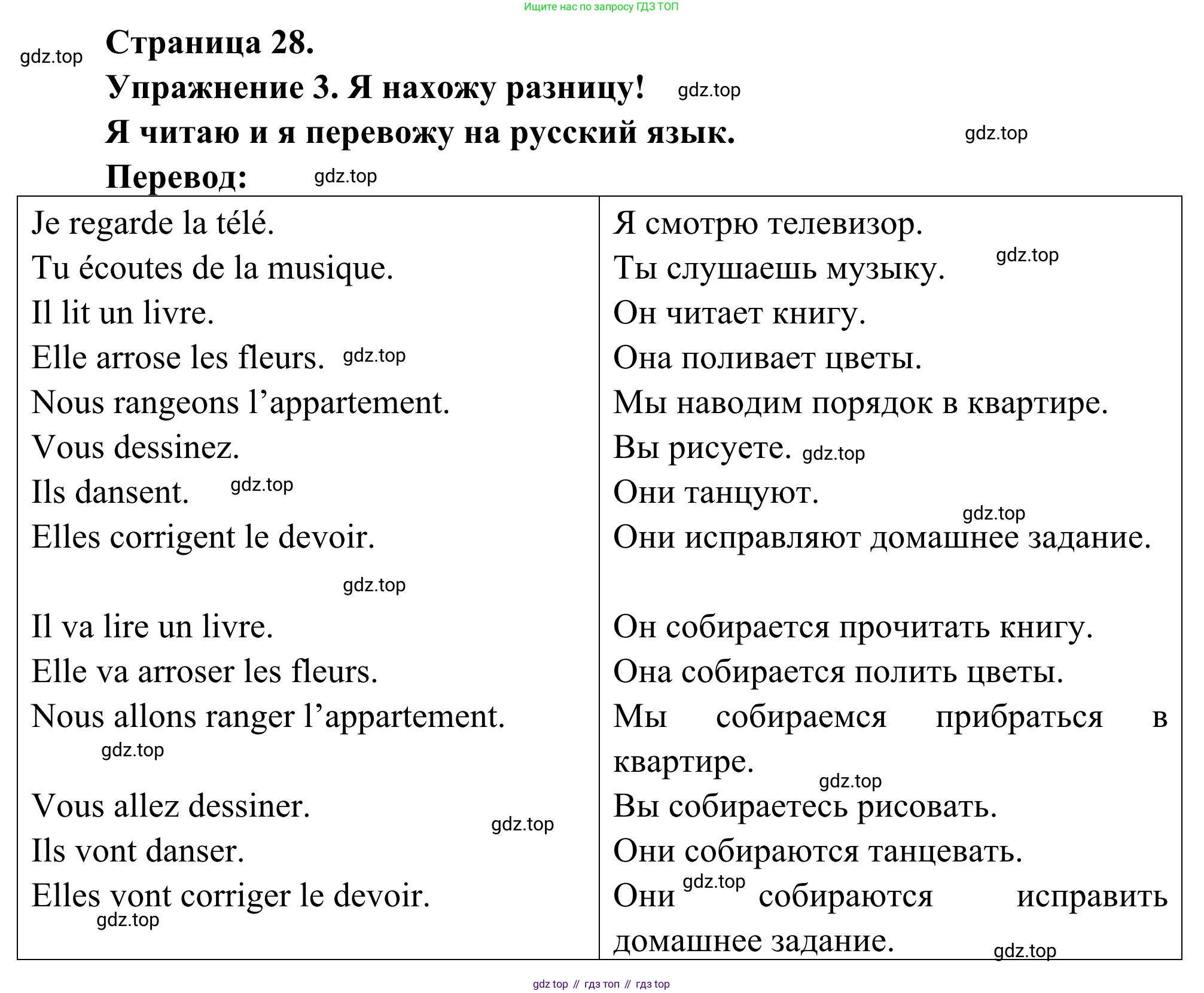 ГДЗ Французский язык, 3 класс рабочая тетрадь (cahier d'activités), авторы: Кулигина Антонина Степановна (Kouliguina A), Корчагина Тамара Васильевна (Kortchaguina T), издательство Просвещение, Москва, 2023, зелёного цвета, страница 28, номер 3, Решение
