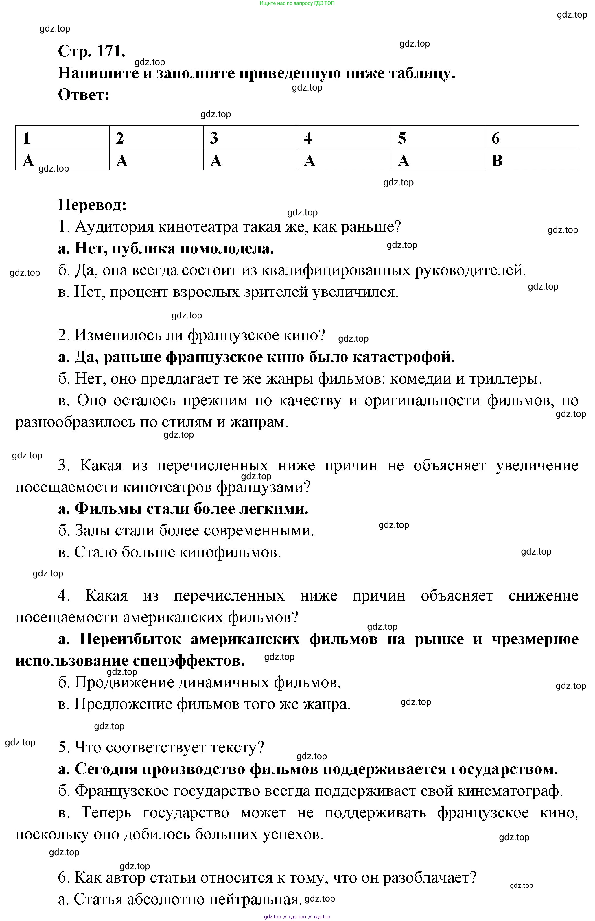 Французский язык, 10 класс Учебник, авторы: Кулигина Антонина Степановна (Kouliguina A), Щепилова Алла Викторовна (Schepilova A), издательство Просвещение, Москва, 2018, жёлтого цвета, страница 171, Решение