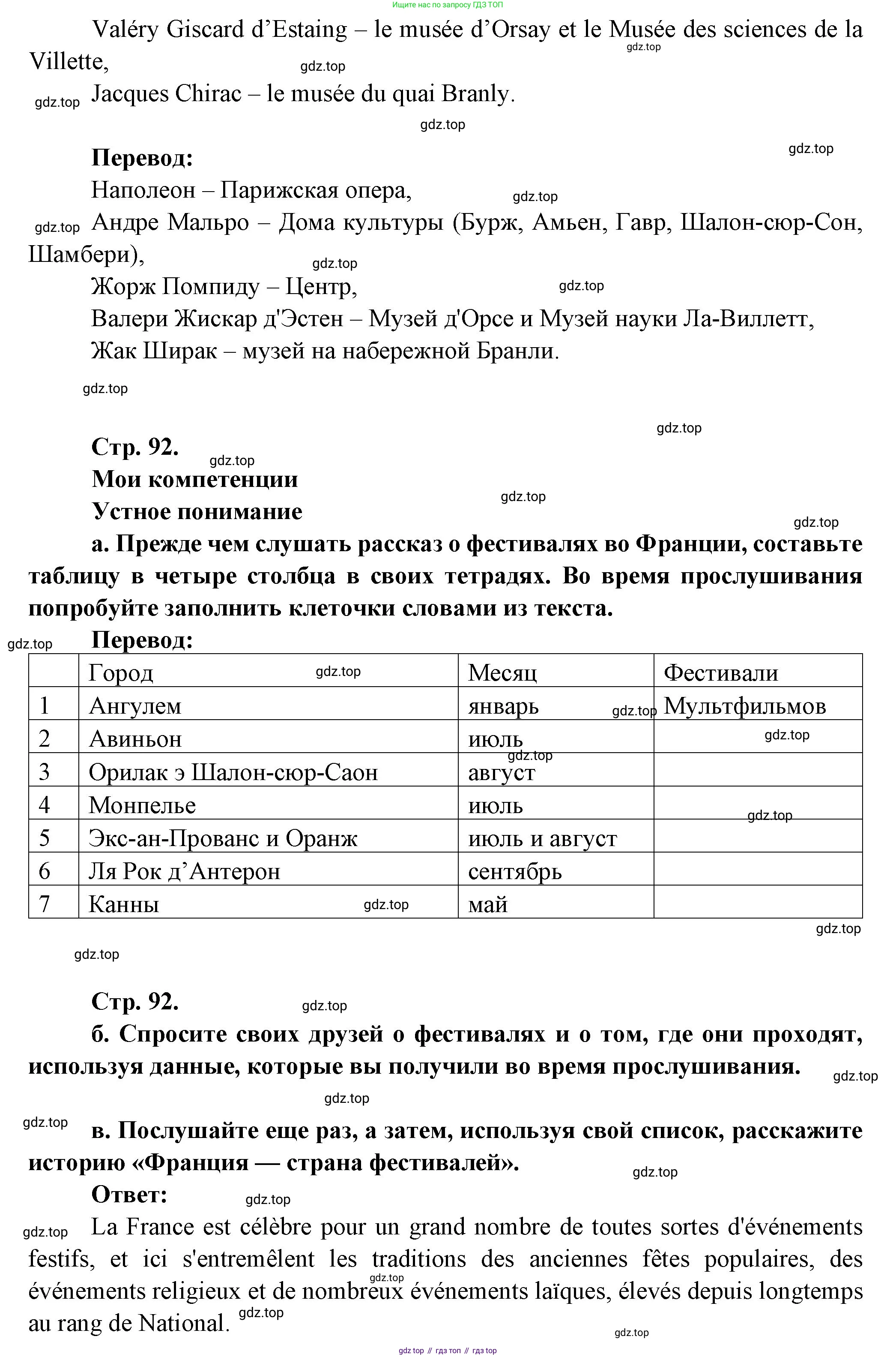Французский язык, 10 класс Учебник, авторы: Кулигина Антонина Степановна (Kouliguina A), Щепилова Алла Викторовна (Schepilova A), издательство Просвещение, Москва, 2018, жёлтого цвета, страница 92, Решение (продолжение 2)