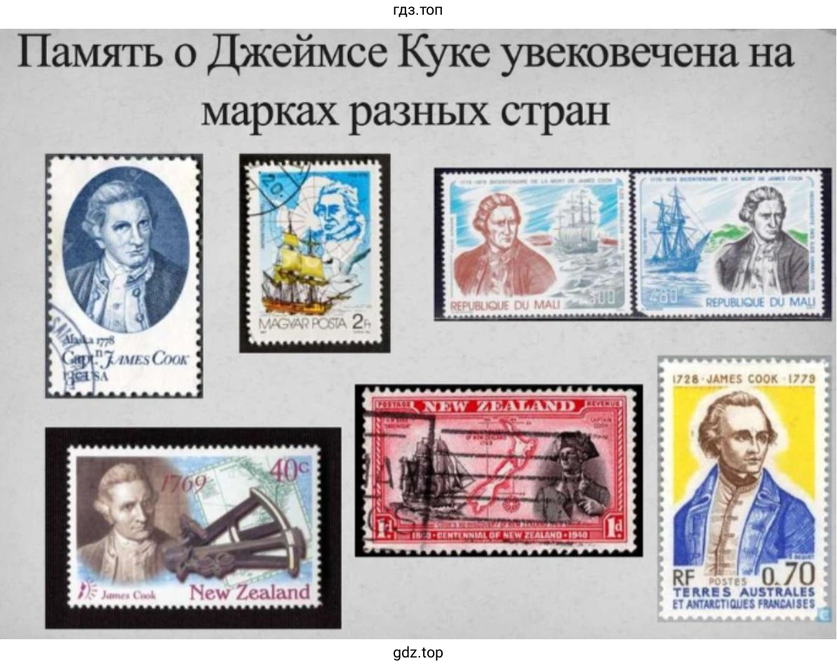 Слайд 8. Память о Джеймсе Куке увековечена на марках разных стран