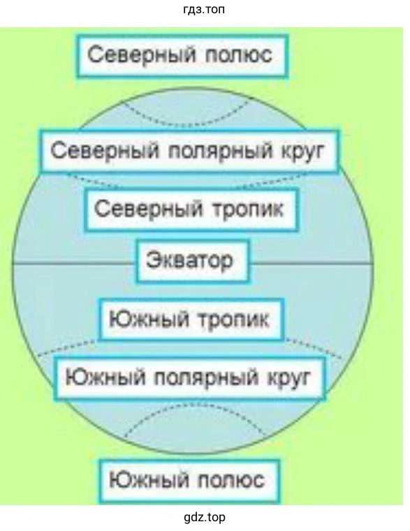Нарисовать и подписать экватор, тропики, полярные круги. Показать Северный и Южный полюсы