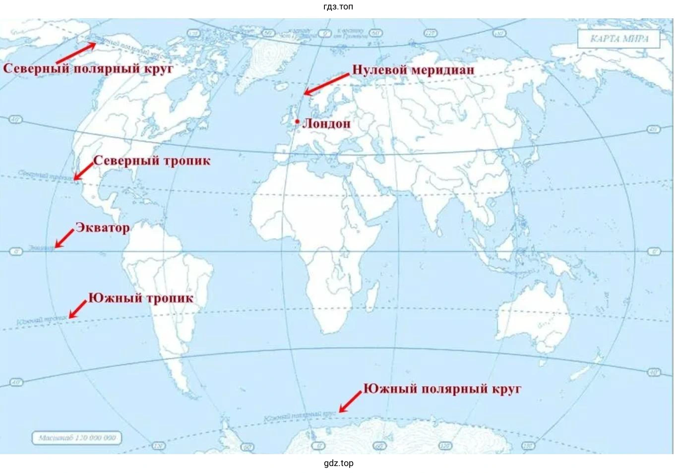 На карте полушарий найдите экватор, Северный и Южный тропики