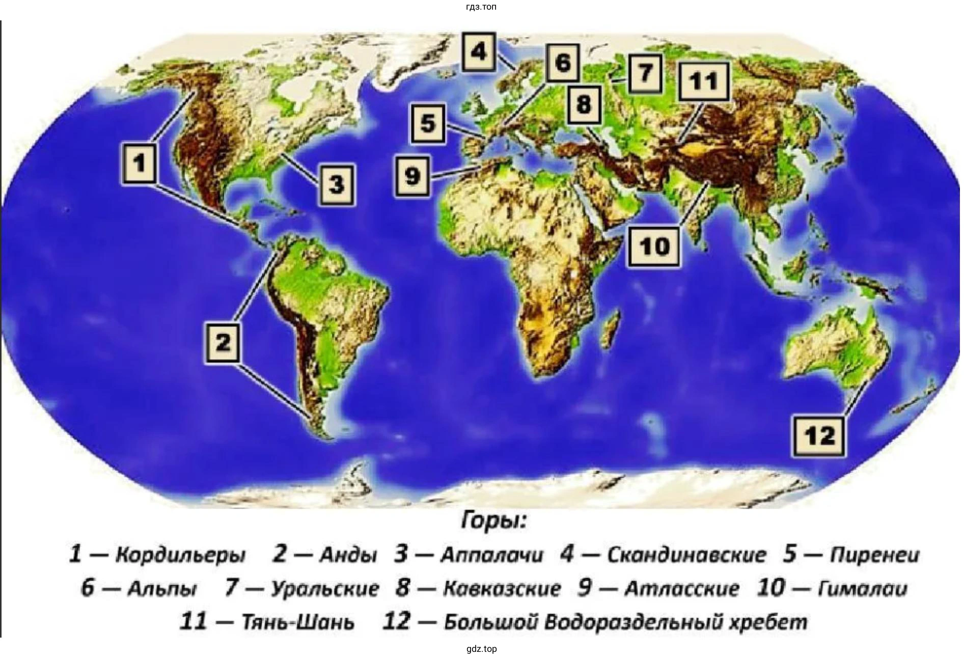 Найдите на карте горы: Кавказ. Альпы, Анды