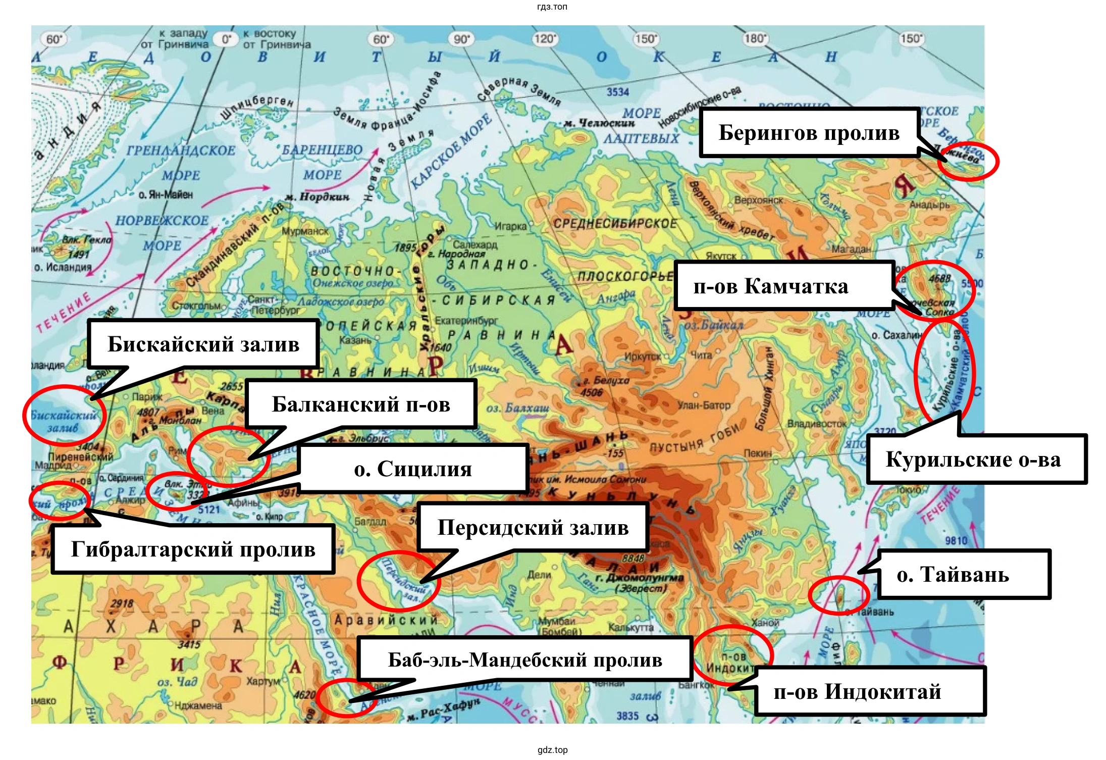 Рисунок. Проливы, заливы, острова и полуострова Евразии. Физическая карта Евразии.